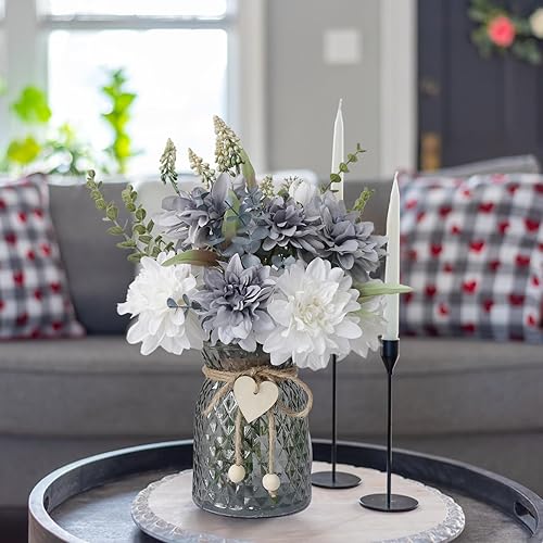 Miniatura 6 de Flores artificiales en jarrón, 8 dalias, flores artificiales de seda en jarrón, centros de mesa para decoración, flores falsas en jarrón con un