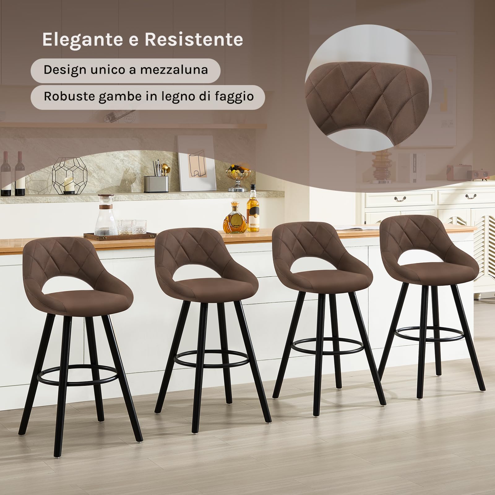 WOLTU Sgabelli da Cucina Set di 2, Sgabello da Bar per Colazione, Sgabelli Alti con Poggiapiedi e Schienale, Sedile in Tessuto Tecnico+Gambe in Legno, Marrone Scuro, BH291dbr-2