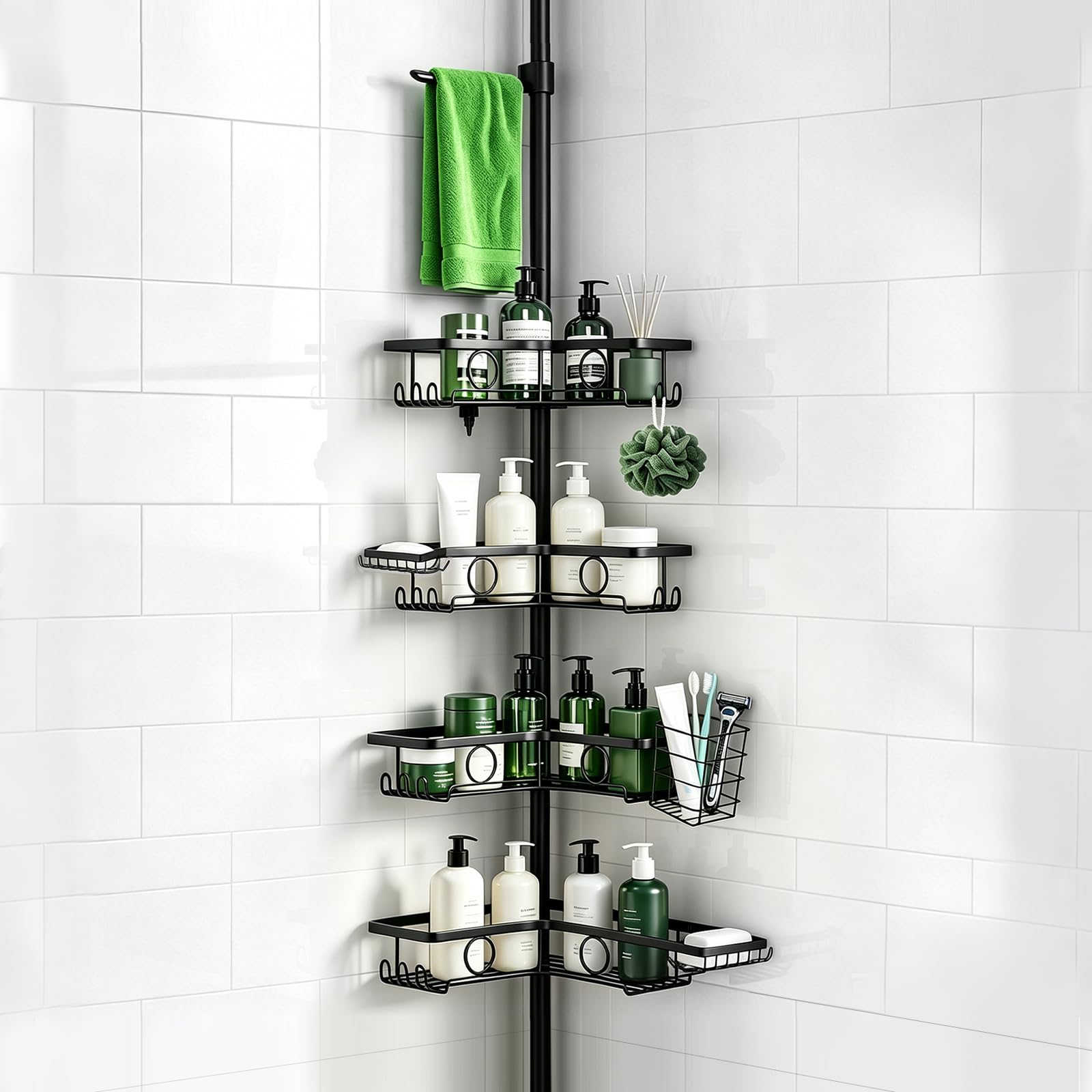 Estanteria ducha sin taladro, 105-304cm, Acero Inoxidable, para Baño | para azulejos, regulable en altura, antideslizante, 2 jaboneras, toallero, cesta