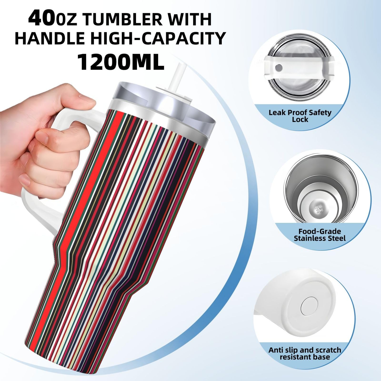 Colored Stripes Wasserflasche mit Henkel und Strohhalm-Deckel, Edelstahl, doppelwandig, isoliert, 1,2 l