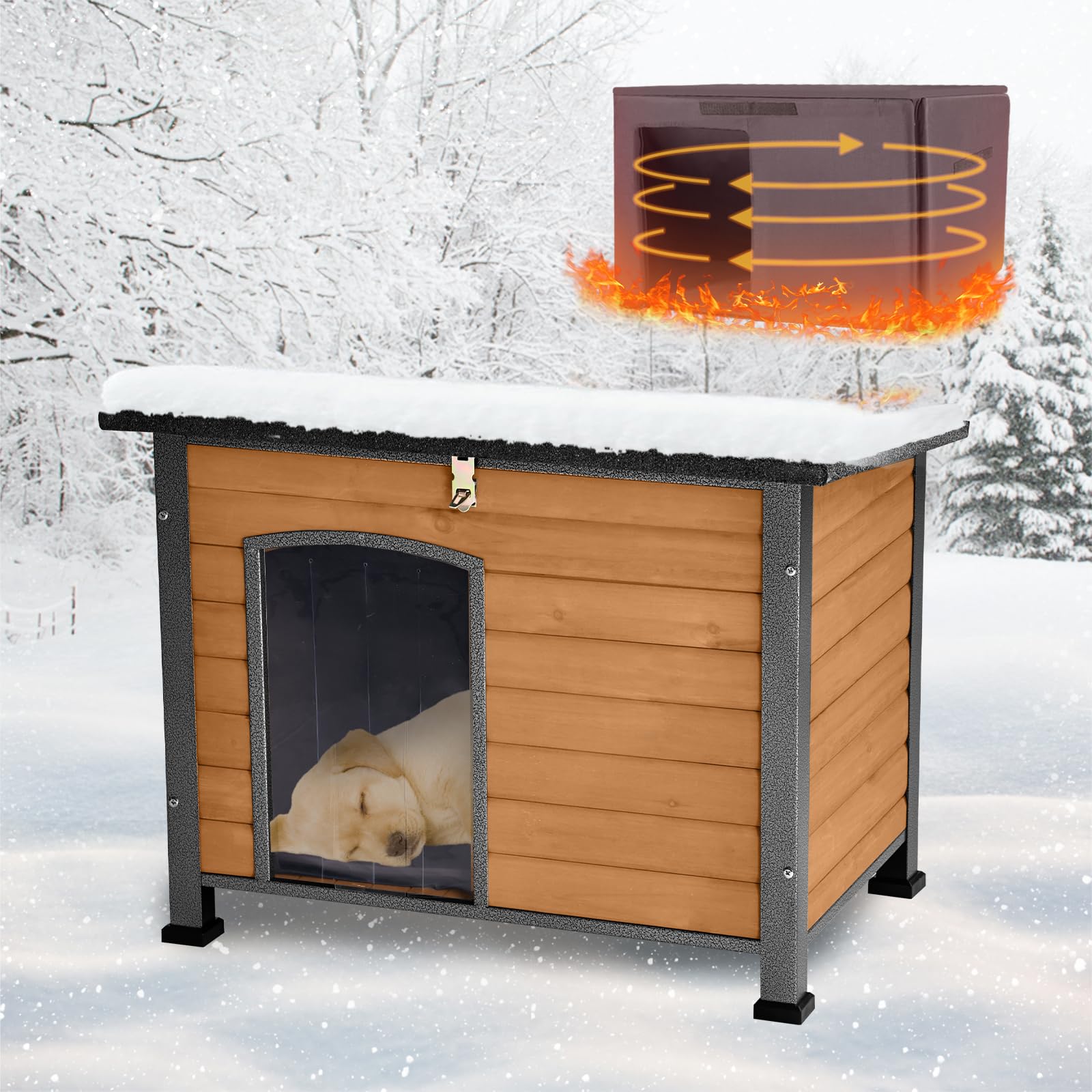 Suumerpety Feral Dog House Outdoor,Anti Bite Iron Frame Dog Kennel,Wood Warm Pets Home,Insulated Weatherproof Outside Shelter for Feral Animal (33.5"(L)×22"(W)×25.2"(H)-Brown-in)
