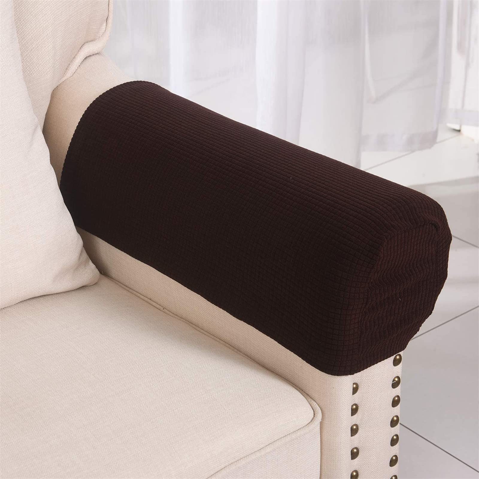 Set Of 2 Stretch Armrest Covers Spandex Arm Covers For Chairs Couch Sofa Armchair Slipcovers For Recliner Sofa, Jacquard Armrest Covers, Anti-Slip Furniture Protector Washable Armchair Sl(Color:brown)