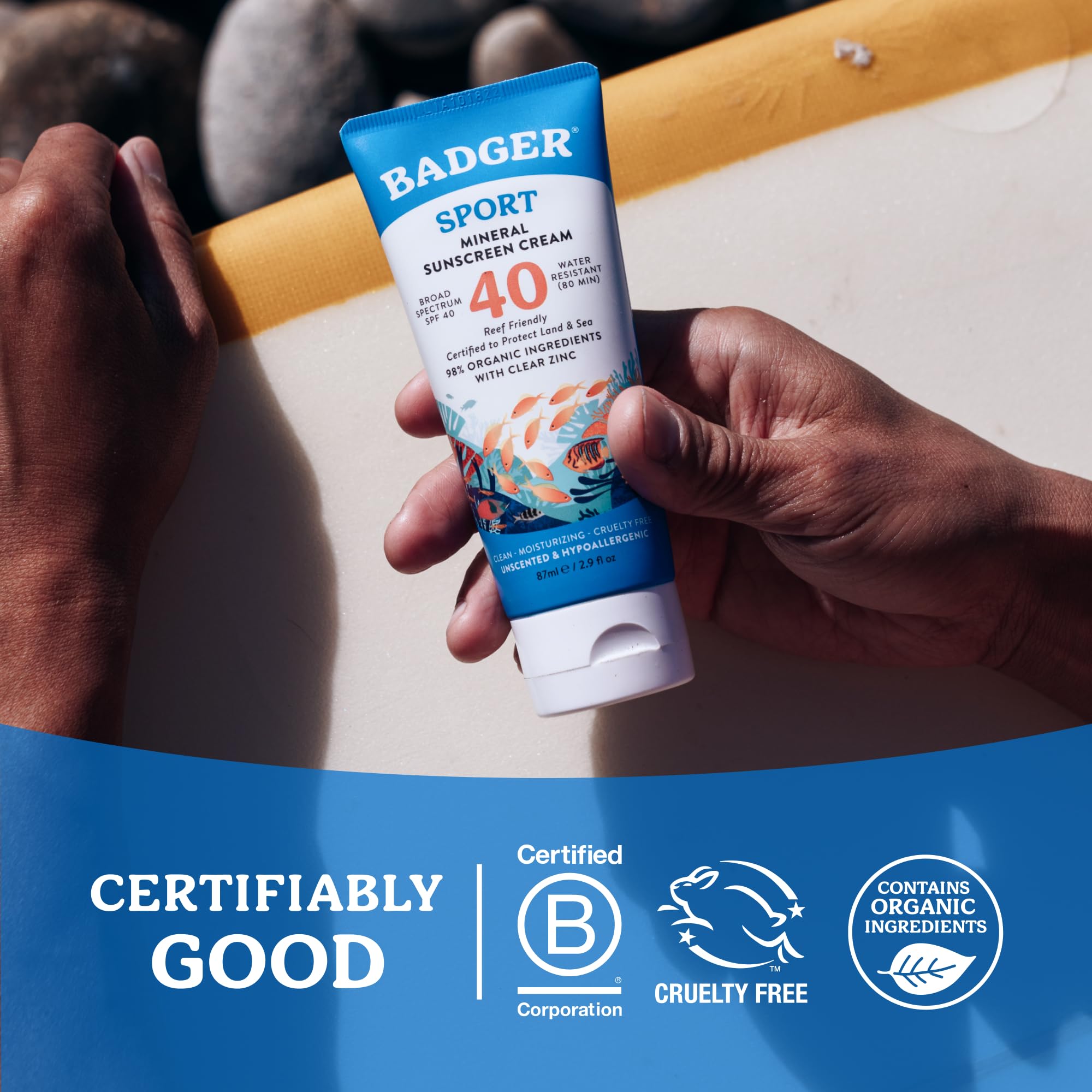 Badger Sport Mineral Sunscreen SPF 40, tlenek cynku, bezpieczny dla rafy | 98% organiczny, tlenek cynku, wodoodporny, zgodny z ustawą o rafie hawajskiej, bezzapachowy, sportowy filtr przeciwsłoneczny