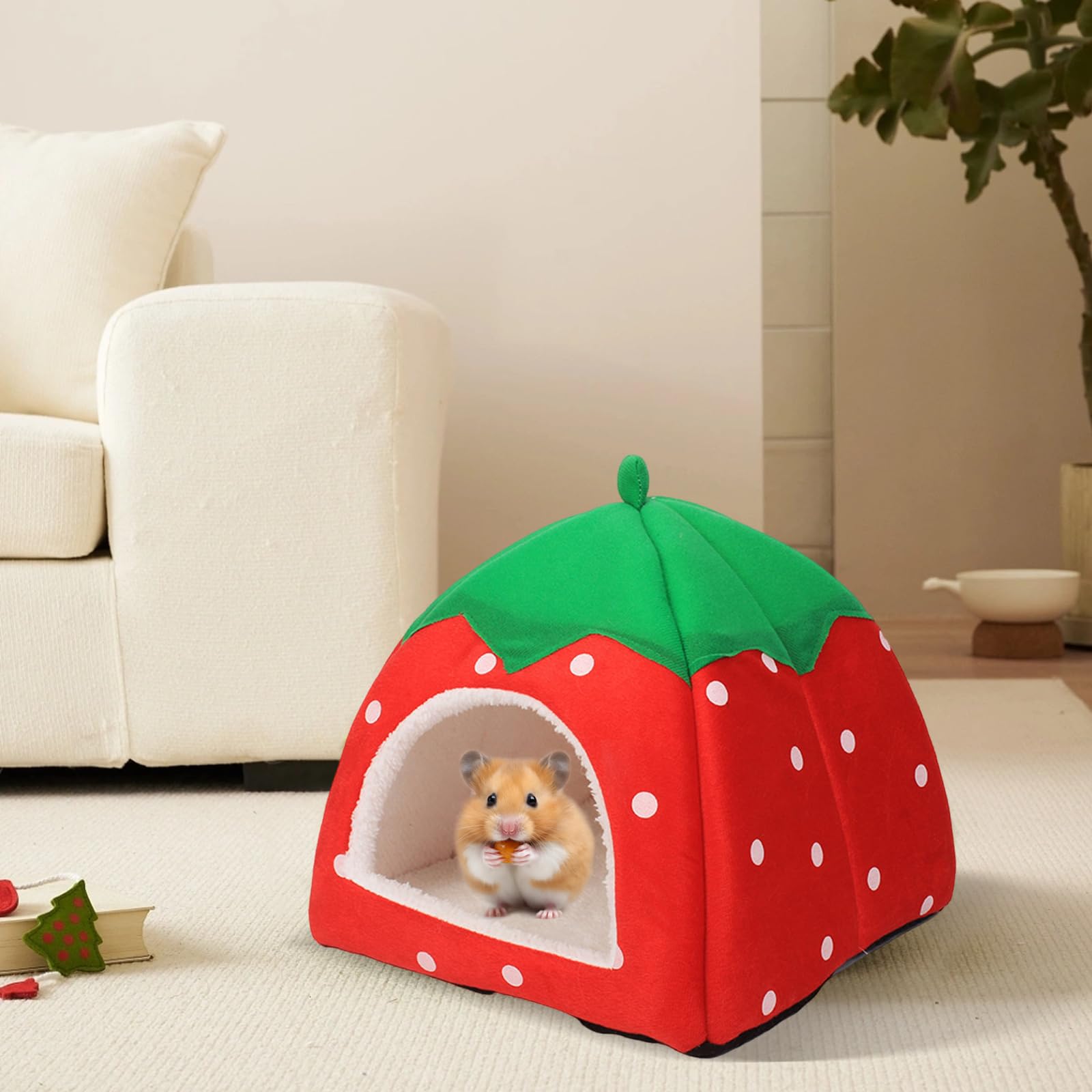 Domek dla świnki morskiej, przytulna jaskinia z wyjmowaną matą, łóżko dla świnki morskiej, szczurów, akcesoria dla królików miniaturowych, chomików, chomików, wiewiórek (24 x 24 cm, czerwony)