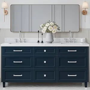 Ariel Monroe 72-inch Bathroom Vanity with Sink, Solid Wood, Carrara White Quartz Countertop, Double Porcelain Sinks, Midnight Blue