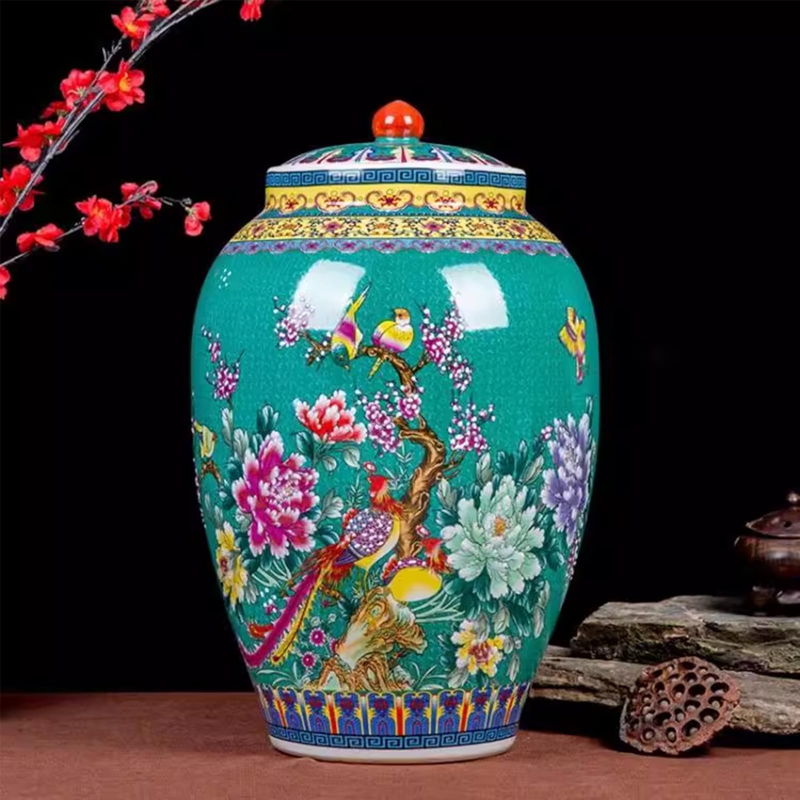 Ceramic Rice Bucket Grain Dispenser With Lid Household Rice Storage Barrel 10kg Ceramic coffee Bucket Large Rice Jar Grain Storage Bin Chinese Design Multifunctional tank For Beans Corns D 10KG
