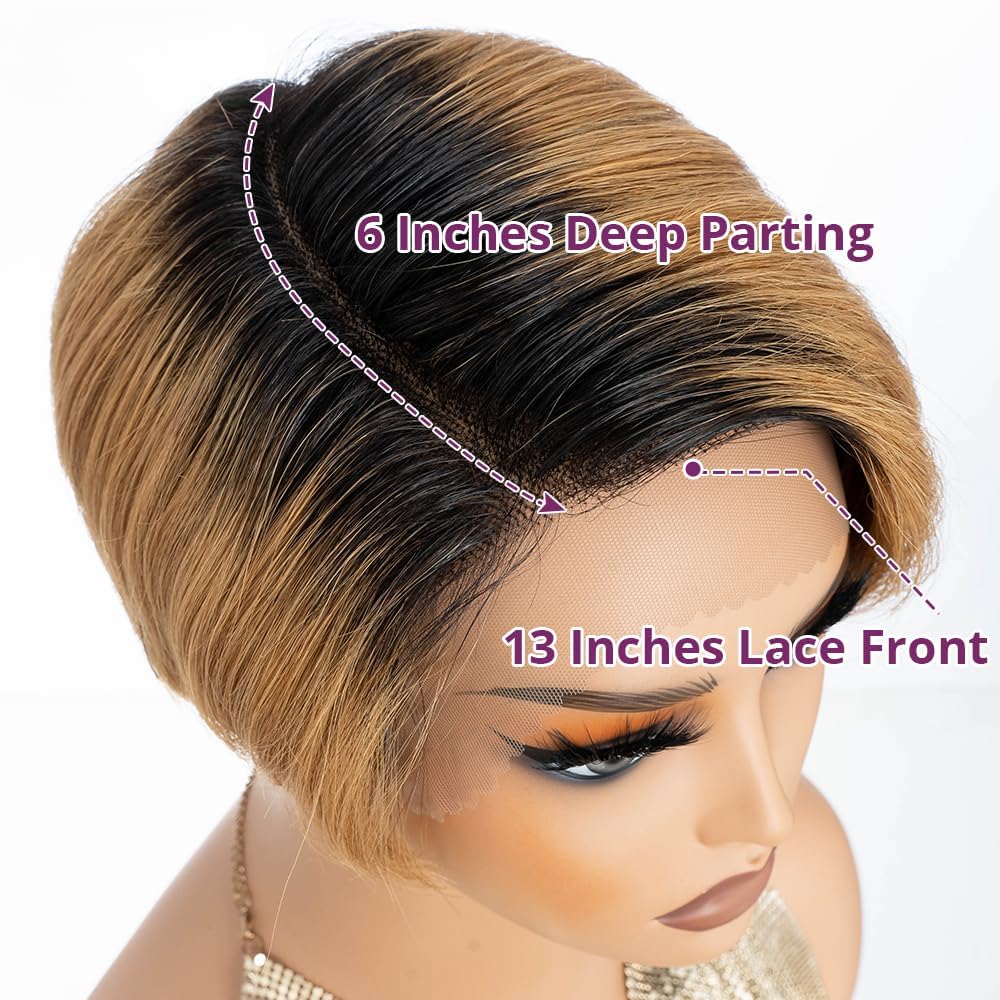 Side Part Black Human Hair Pixie Wigs HD Lace Front with Swept Bangs Short Curly Natural Color Glueless Cap for Women (Ombre Blonde,6 Inch)