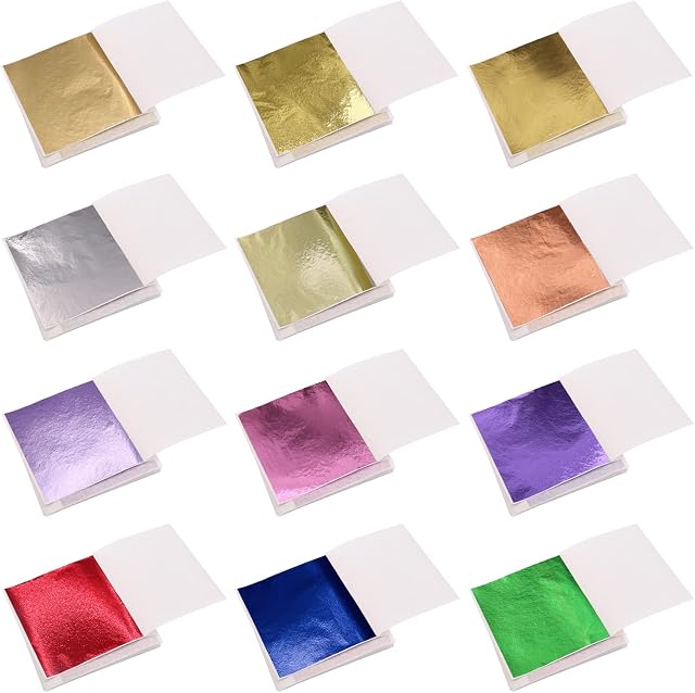 600 Pieces Imitation Gold Leaf Sheets, Gold Foil Sheets for Arts, 12Colors 8cm by 8.5cm, for Decor, Crafts,Gilding,Furniture,Nails,Paintings,Slime,Wall