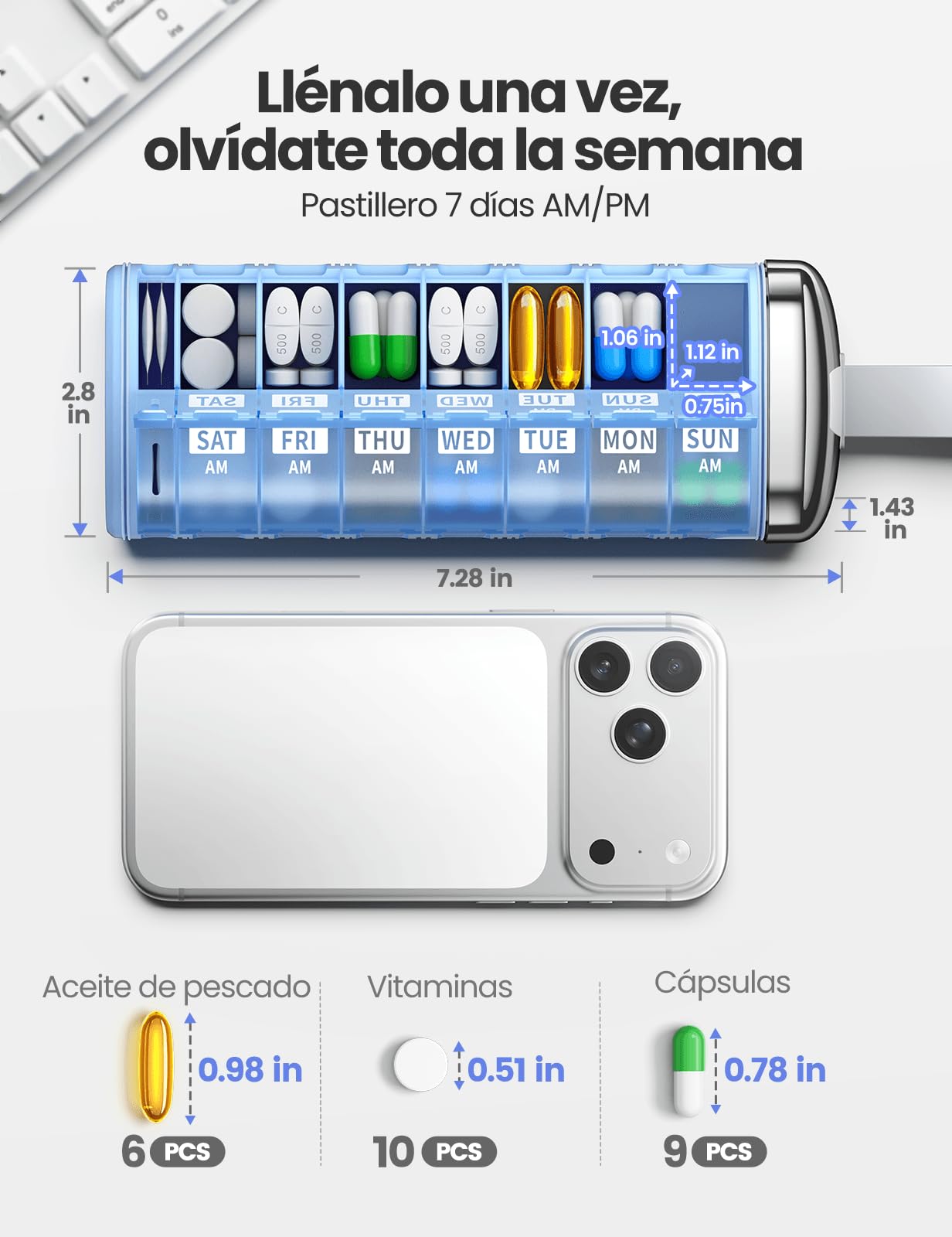 VAYDEER Pastillero Semanal 7 Días AM PM de Metal con Compartimento Desecante, Organizador de Pastillas Hermético para Viaje con Asa(Gris)