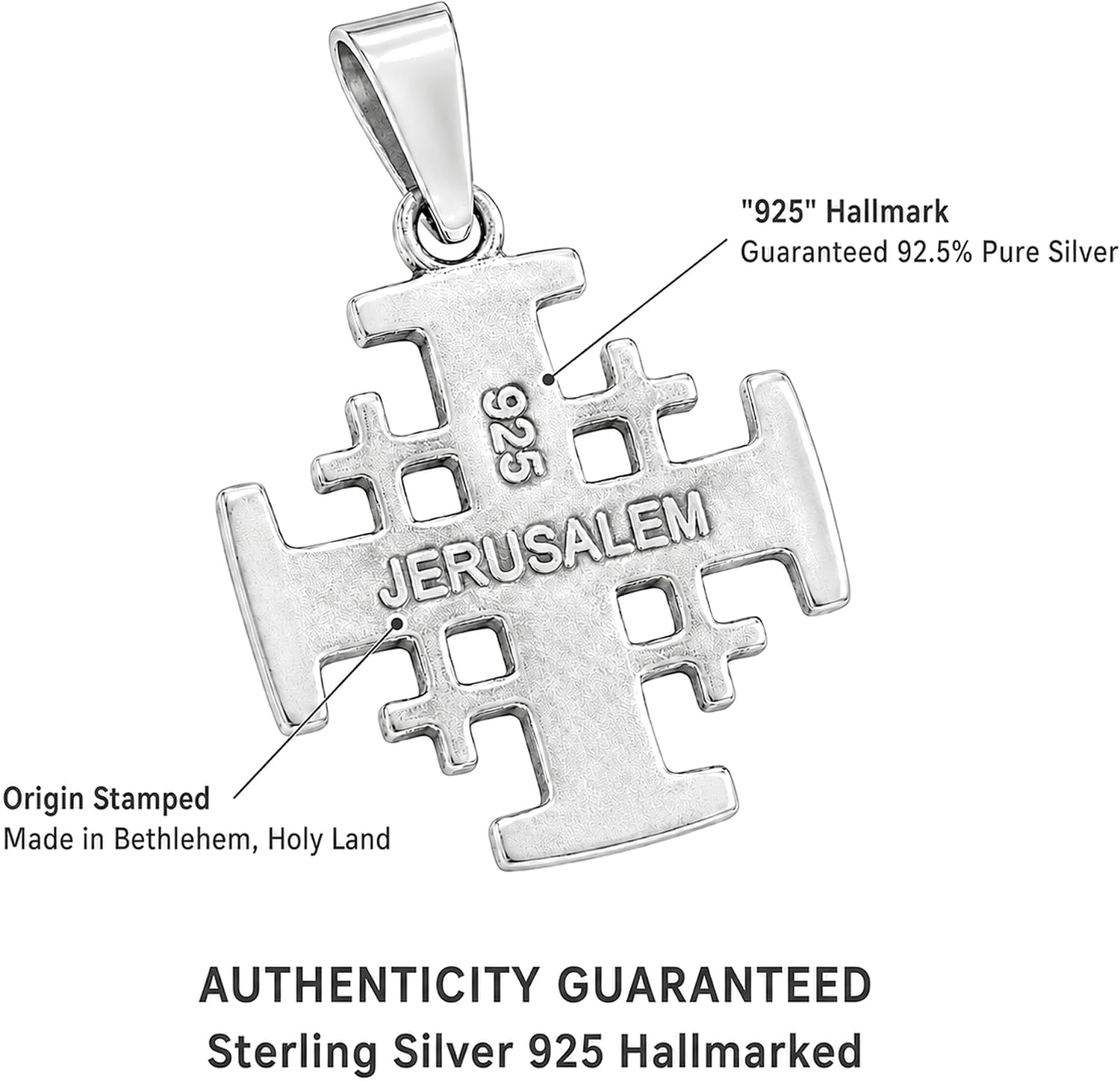 Zuluf Small 925 Sterling Silver Jerusalem Cross Pendant from Bethlehem Holy Land, Handmade Hallmarked Crusader Cross Charm for Men and Women, Christian Religious Jewelry Gift, 1 Inch