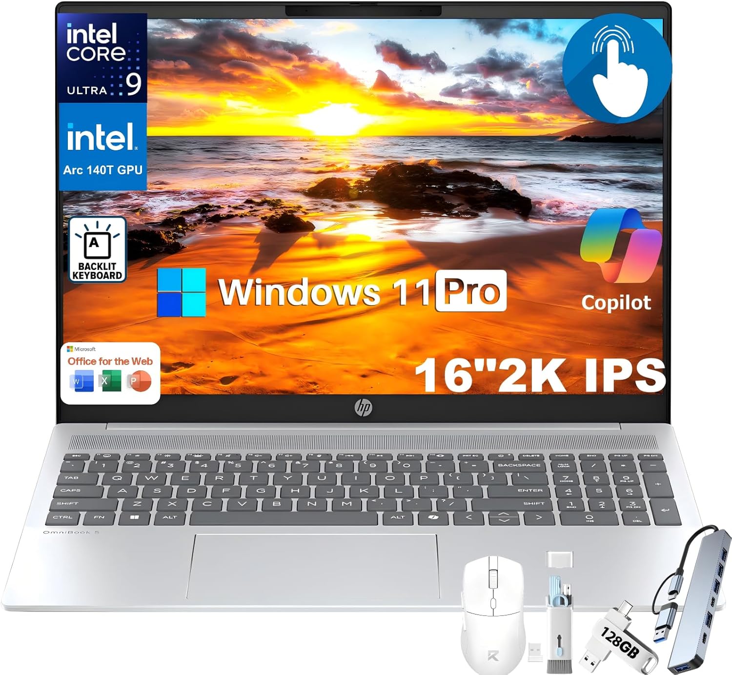 HP OmniBook 5 16" 2K Touchscreen Business Laptop - Intel 16-Core Ultra 9 285H (up to 5.4 GHz), 32 GB RAM, 1 TB SSD, Intel Arc 140T, Wi-Fi 6E, Copilot AI, Backlit Keyboard, FHD Webcam, Windows 11 Pro