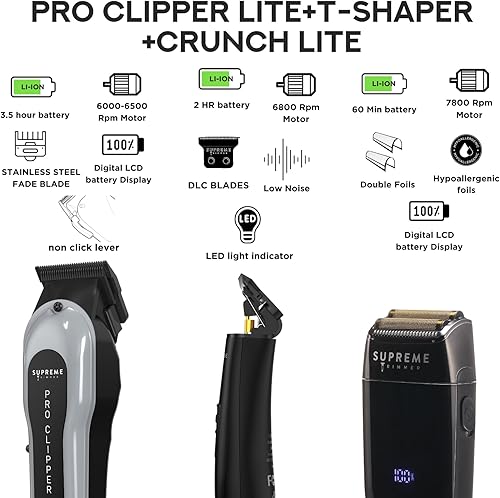 Miniatura 2 de Supreme Trimmer Paquete de peluquero 3 en 1  Pro Clipper Lite, recortadora DLC T-Shaper, afeitadora de lámina Crunch Lite  Kit profesional de