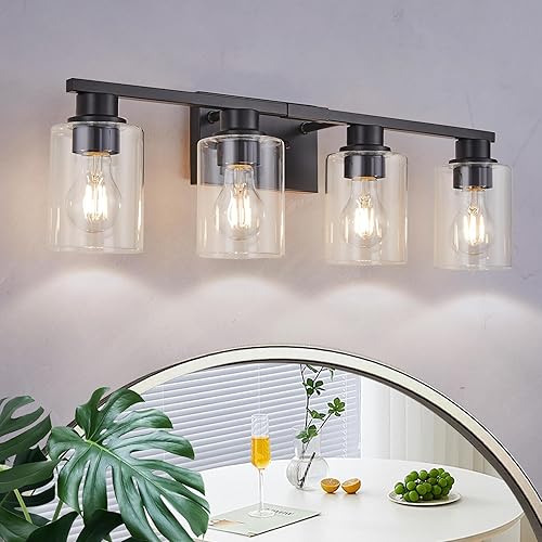 Miniatura 7 de Lámpara de tocador de baño de níquel cepillado, aplique de pared de 3 luces de 18 pulgadas con pantallas de vidrio transparente, iluminación moderna