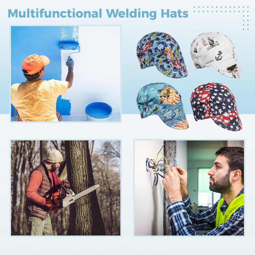 Lot de 4 bonnets de soudage en coton avec doublure en maille absorbant la transpiration, chapeaux de soudure respirants avec anneau élastique pour soudeurs, électriciens, travailleurs de centrale