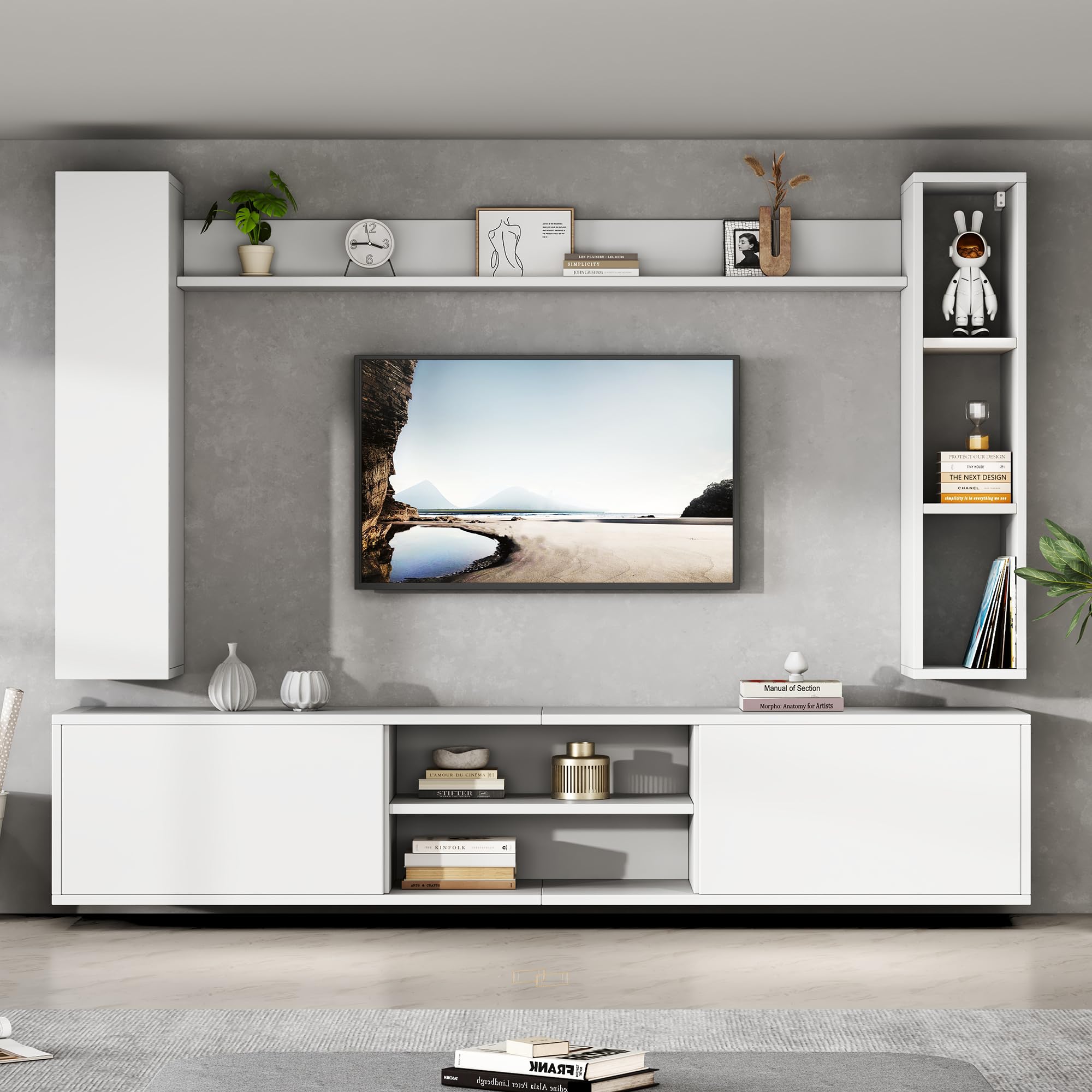 MURUL Set da parete per TV, 4 pezzi, 180 x 35 x 33,5 cm, bianco, con vetrine e supporto flessibile, per TV fino a 80 pollici