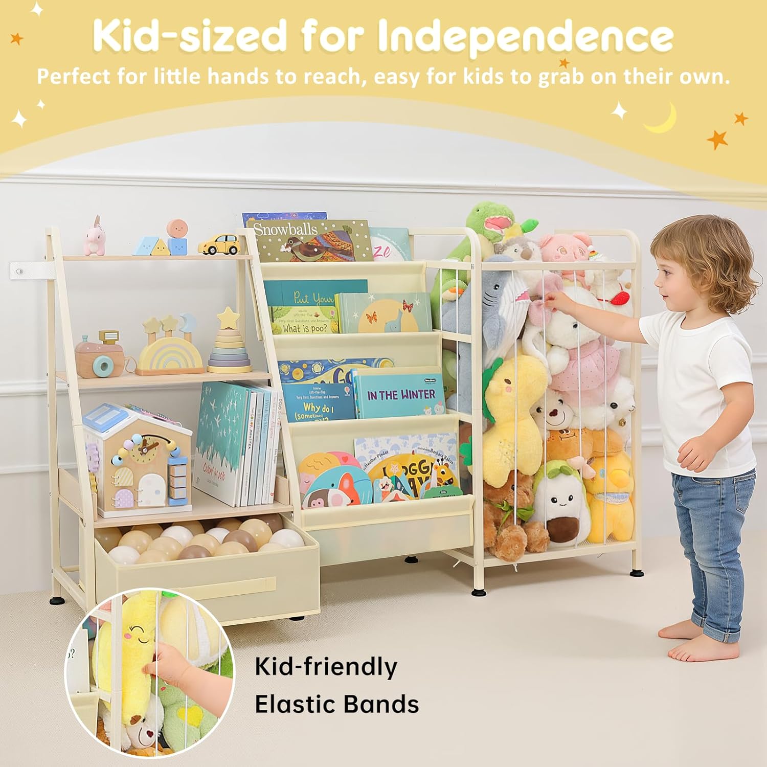 Fabuday Kids Bookshelf and Toy Storage Organizer - 4 Tiers Large Toddler Baby Sling Book Shelves for Kids Room with Stuffed Animal Storage, 3 Tier Montessori Childrens Bookcase for Nursery, Playroom - Image 6