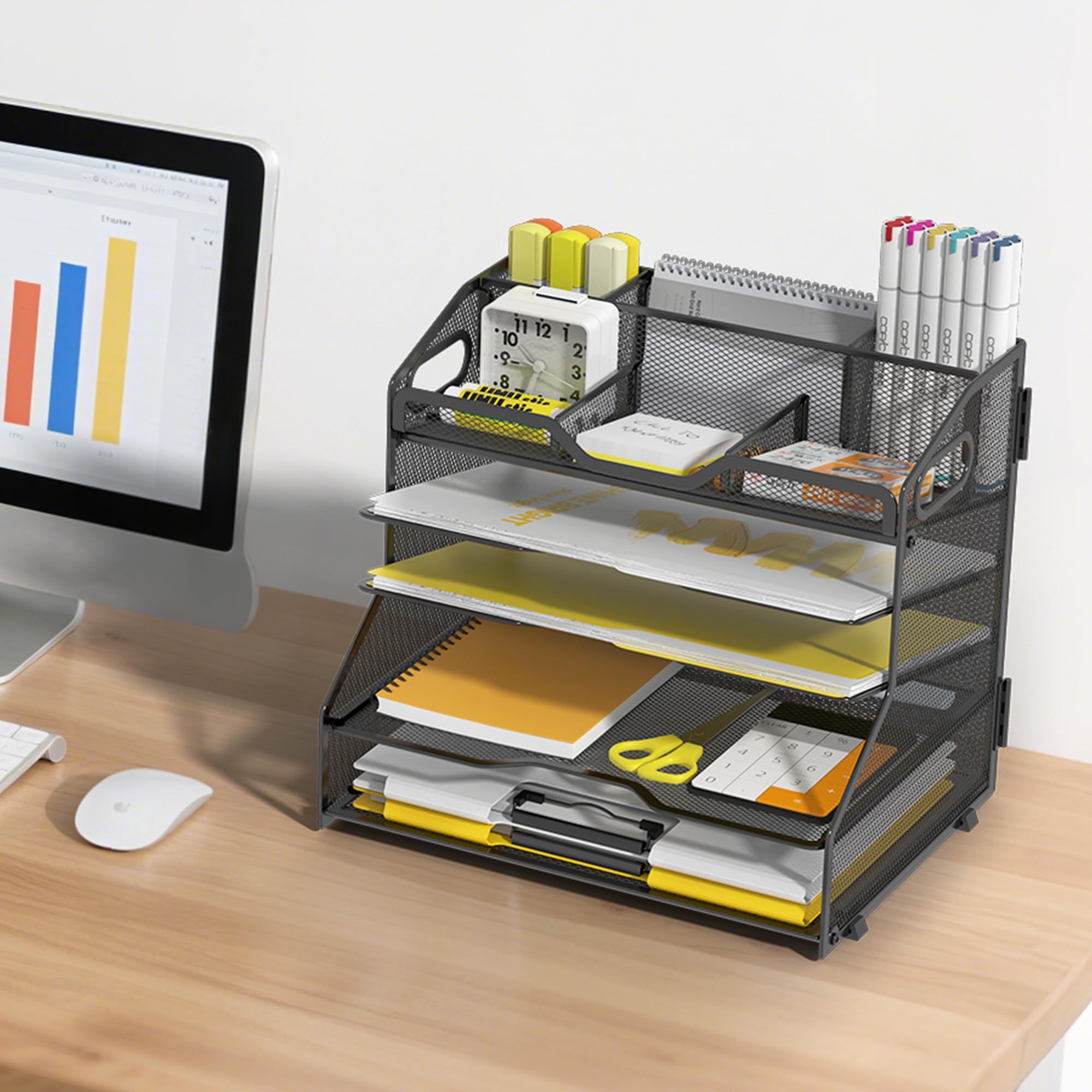 Marbrasse 5-Tier Paper Letter Tray Organizer With Mesh File Holder, Magazine Rack