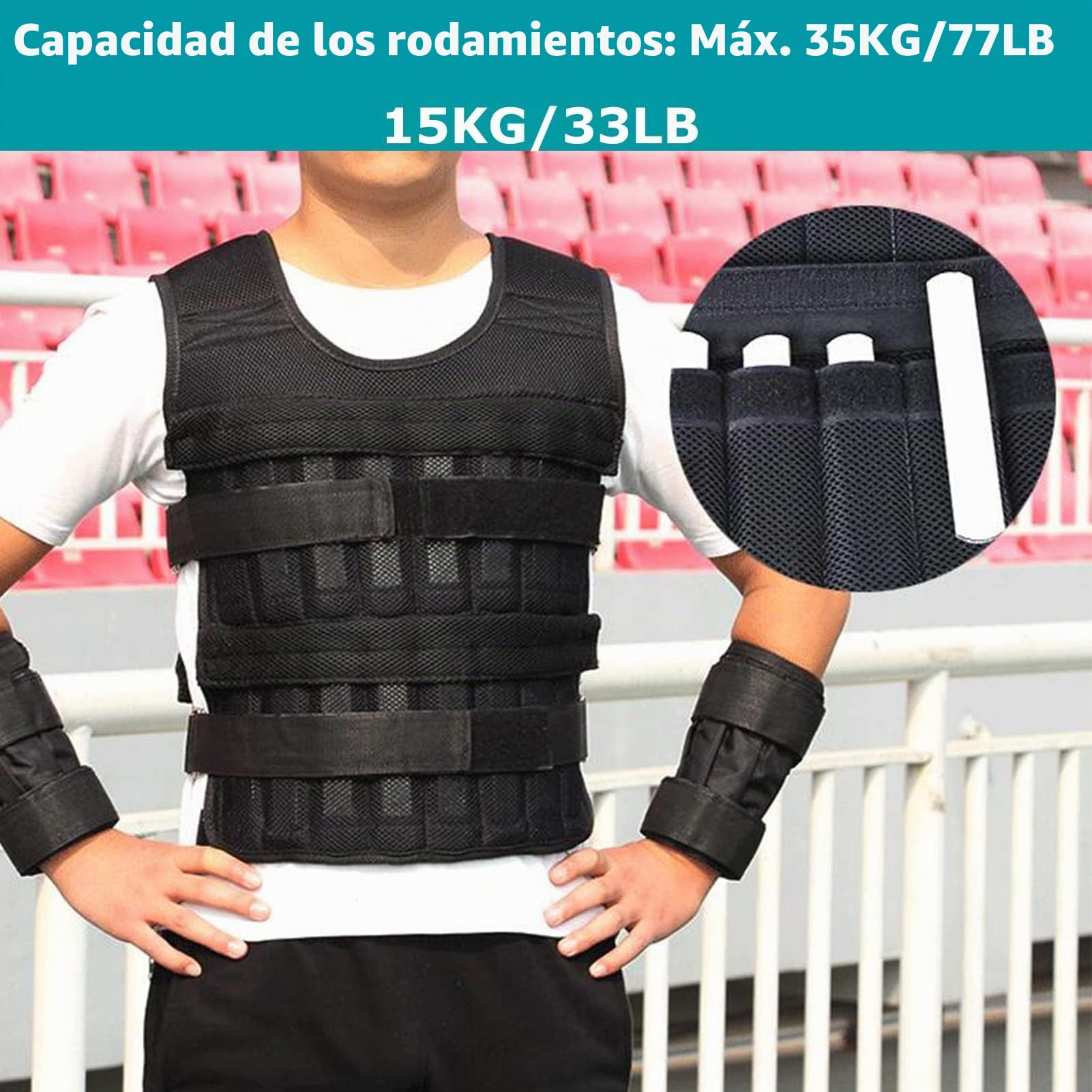 Chaleco de Pesas de 35 Kg con Pesas de 6 Kg para Piernas y Brazos de 5 Kg, Chaleco de Entrenamiento Ajustable con 32 Bolsillos, Tejido de Malla, Correas para los Hombros que (15KG)