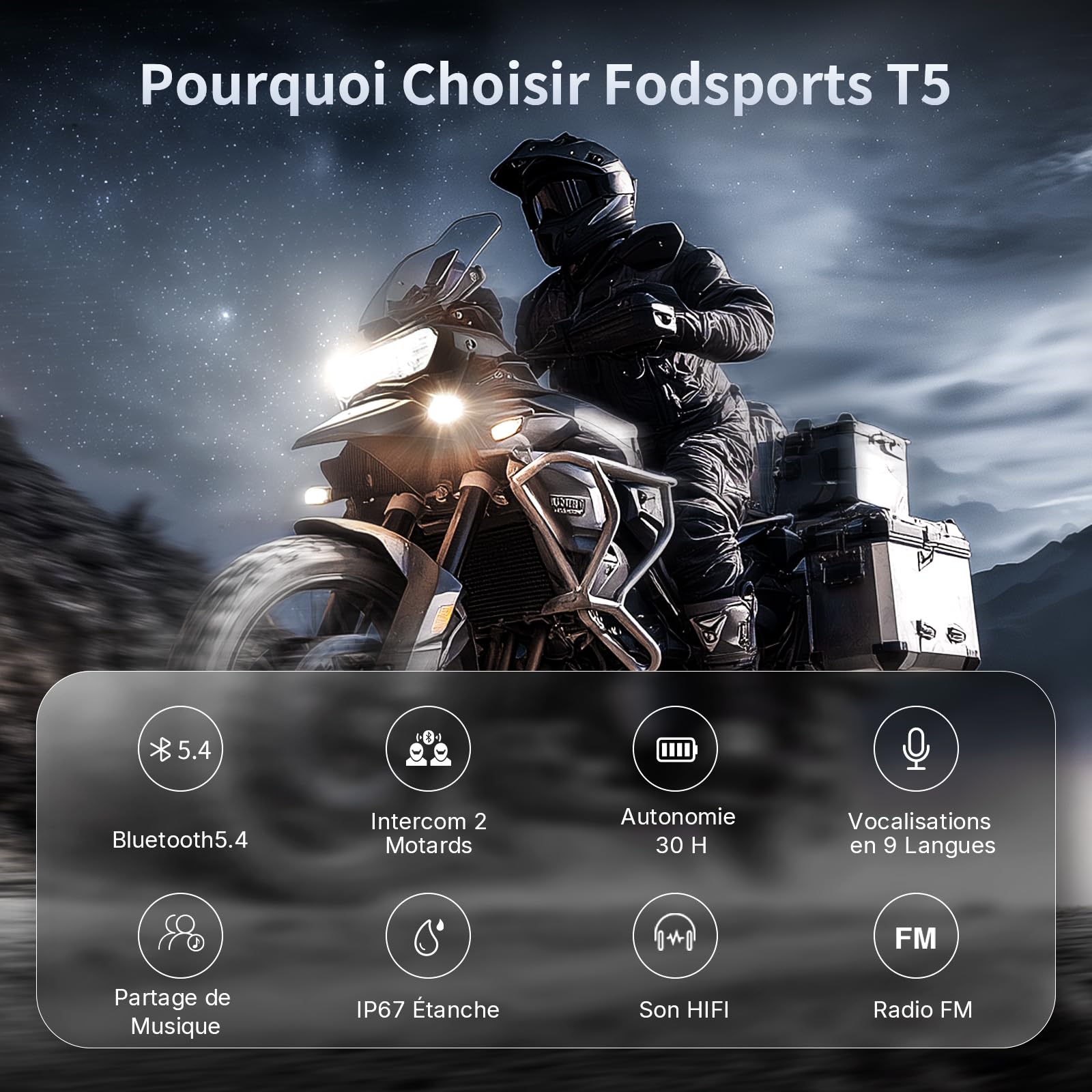 Fodsports T5 Intercom Moto Bluetooth 5.4 avec Assistant Vocal en 9 Langues, Système de Communication Moto avec Partage de Musique, Radio FM, Autonomie de 30 Heures, Étanche IP67, Mains Libres(2 Unité)