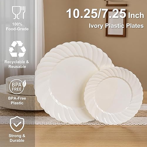 Miniatura 5 de U-QE 60 platos de plástico marfil para fiestas, platos de plástico festoneados, resistentes y elegantes, incluyen 30 platos de cena de 10.25