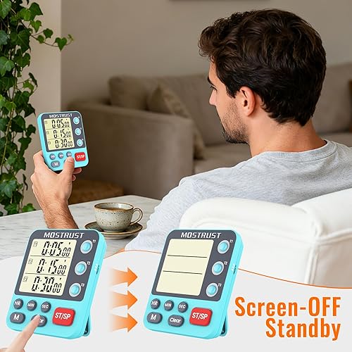 Miniatura 5 de Temporizador digital de cocina doble, temporizador triple de cuenta regresiva de 3 canales para cocinar, volumen de alarma ajustable de pantalla