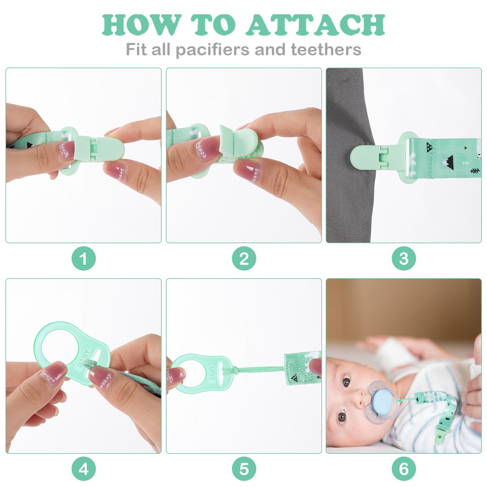 Aolso Ciuccio Catena per Bambini, 4 Pezzi Catenella Portaciuccio con 4 Pezzi Ciuccio Clip Adattatore, Catena per Ciuccio per Neonato per Nascita Battesimo Baby Compleanno Natale Regalo-Natale