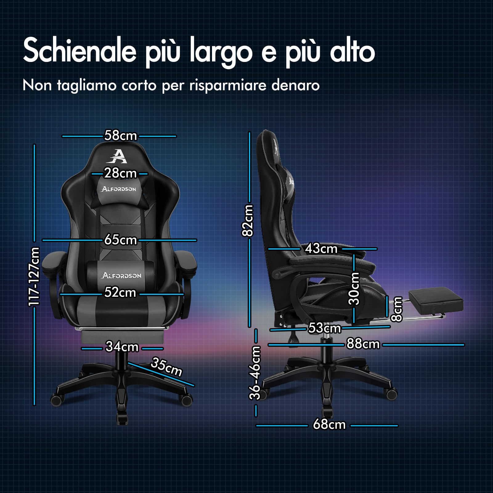 ALFORDSON Sedia da Gaming, Sedia da Corsa con Massaggio a 2 Punti per Gioco, Sedia da Computer ergonomica con Cuscino Lombare, Altezza Regolabile, Pelle PU, Grigio