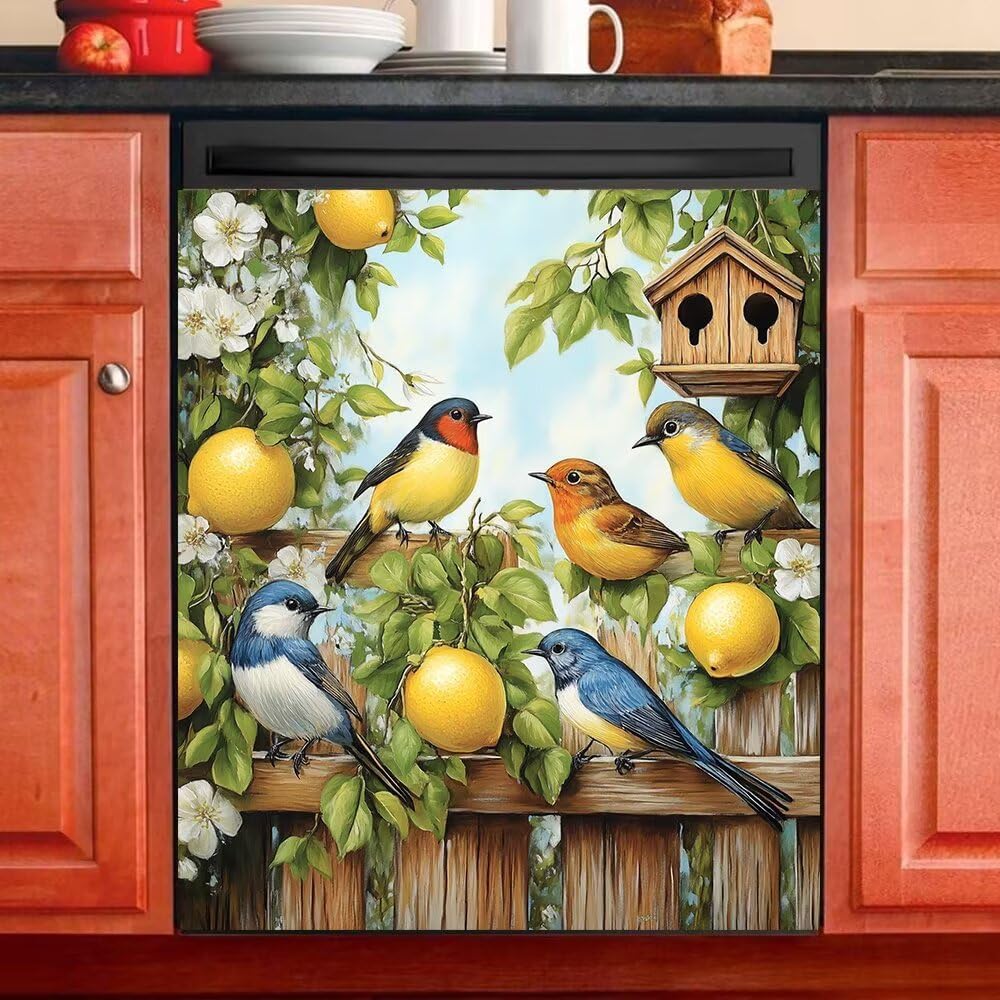 Patoral Garden Birdhouse Dishwasher Magnet Cover, Farm Fresh Lemons Kitchen Decor Magnetic Dishwasher Cover Vinyl Decal, Bird Fridge Stickers Full Door Cover, Easy Update, 23Wx26H Inches