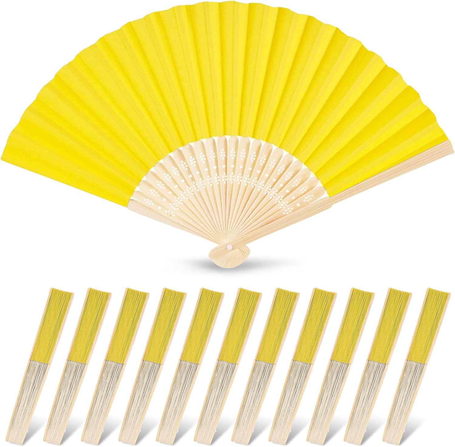 JOHOUSE 12 Packs Paper Folding Hand Fans, 8.3 Inch Lemon Yellow Paper Fans Handheld Decorative Accessories for Wedding, Outdoor Party Favors, Bridal Shower DIY Decoration Photography Props