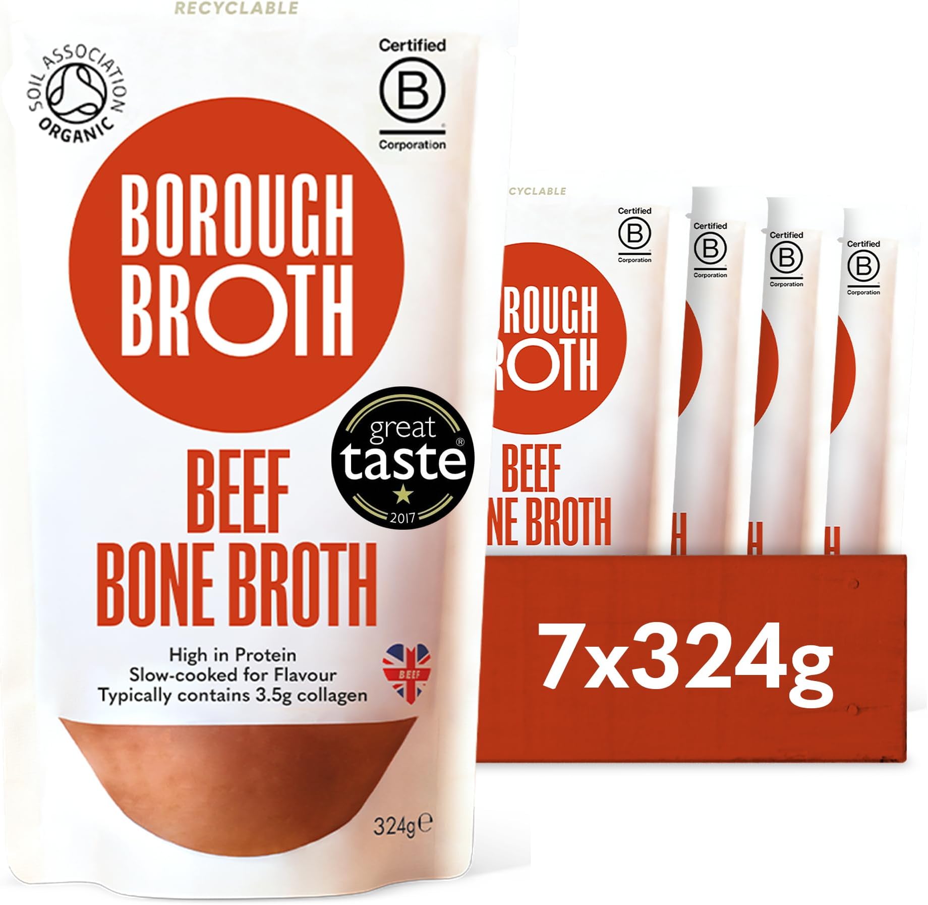 Organic Beef Bone Broth by Borough Broth - High in Collagen for Healthy Skin & Joints - High Protein & Low Calorie - Gluten Free - Grass Fed - Perfect for Gravy & Soups - Delivered Chilled - 7 x 324g