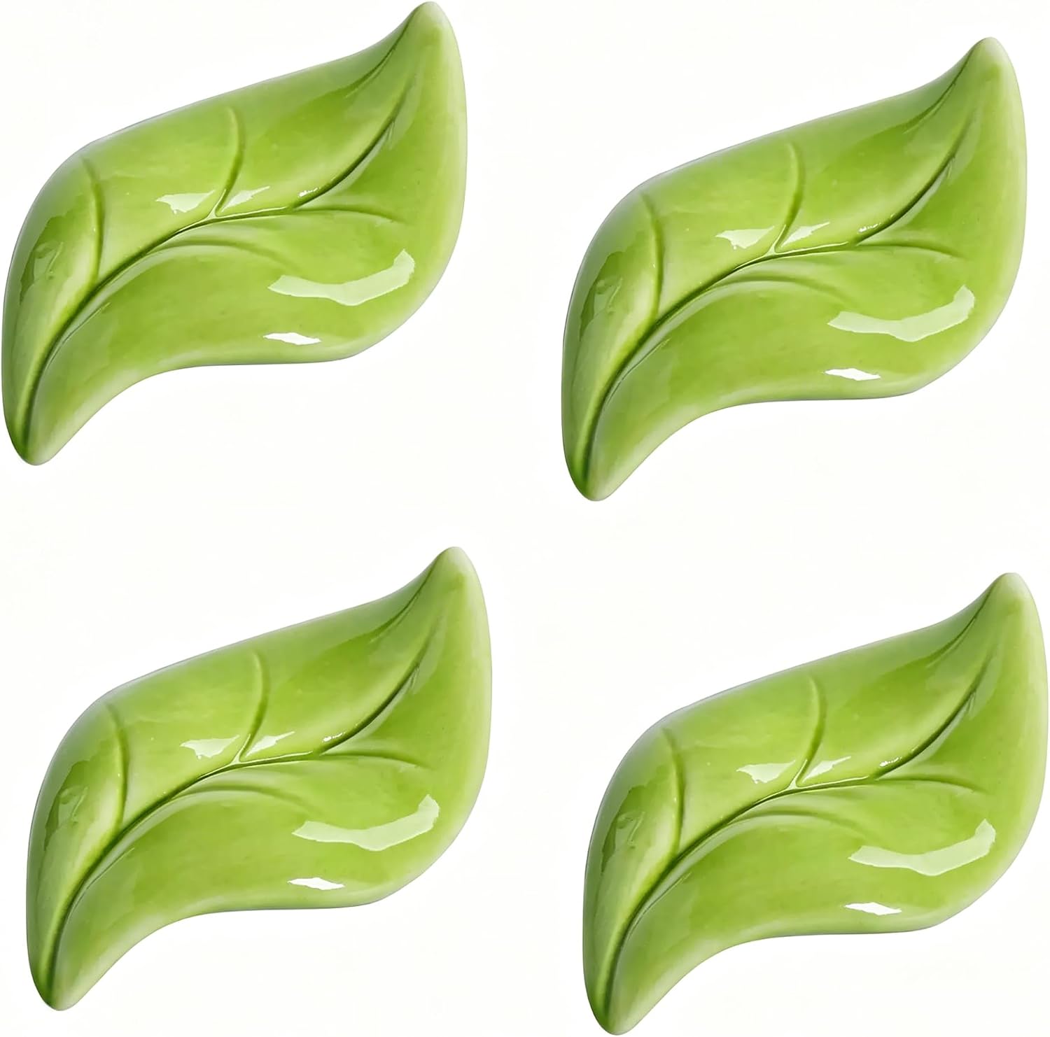 4 Pcs Green Leaf Ceramic Chopstick Rest Set, Leaf Shaped Utensil Holder, Decorative Tabletop Ornaments for Home Decor & Forest Eco Themed Restaurants