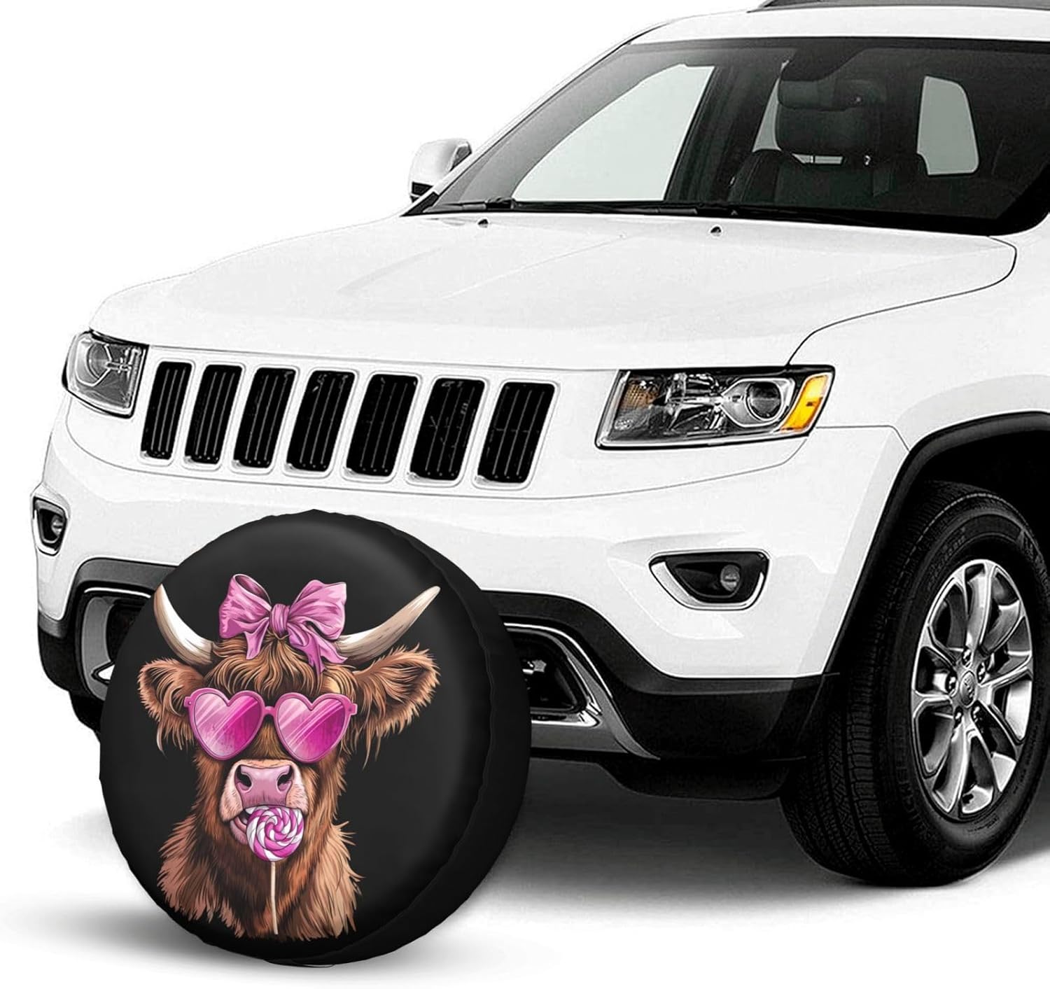 Highland Cow Pink Heart Glasses Lollipop Bow Valentine Spare Tire Cover Wheel Protectors Dust-Proof Sun Protection Wheel Tire Covers Universal Fit for Truck SUV RV Camper Trailer 16 inch