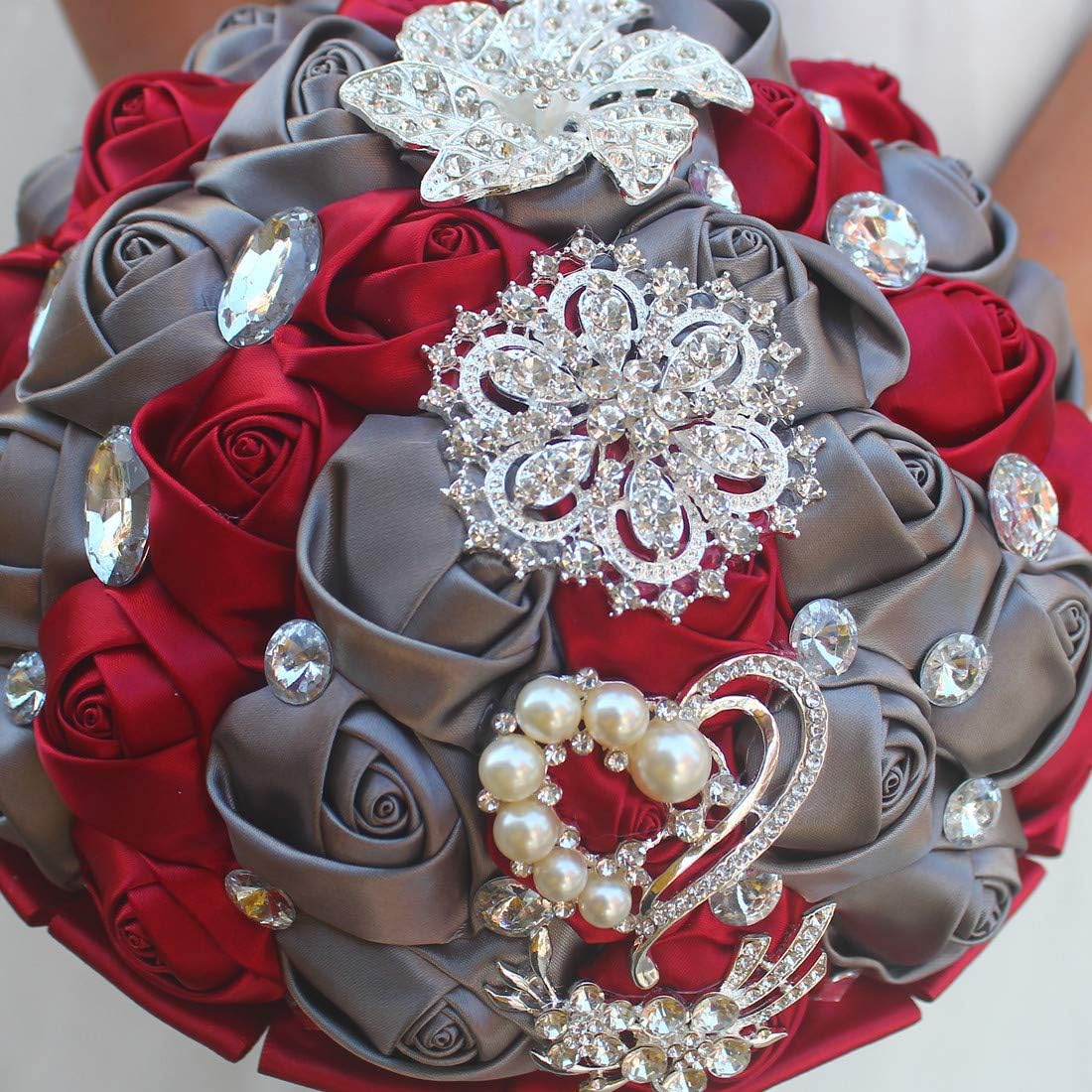 Wedding Bouquets Bride Bridal Bouquet Bridesmaid Holding Flower for Party Church Decor (Dark Red Grey)