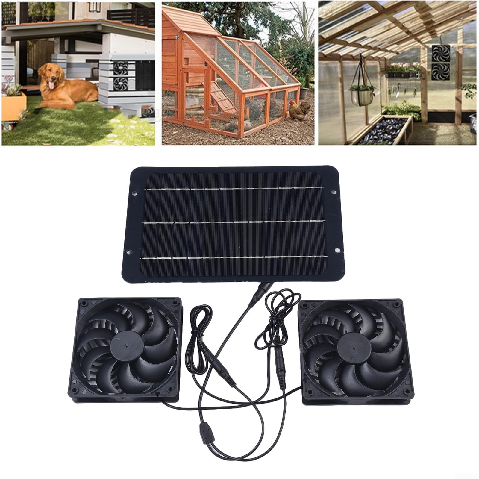 Solarbetriebener Ventilator, doppelter Abluftventilator für Gewächshaus, 12 V 10 W, tragbarer Umwälzungszirkulator mit Metallschutz, dauerhaftes ABS und monokristallines Silikon