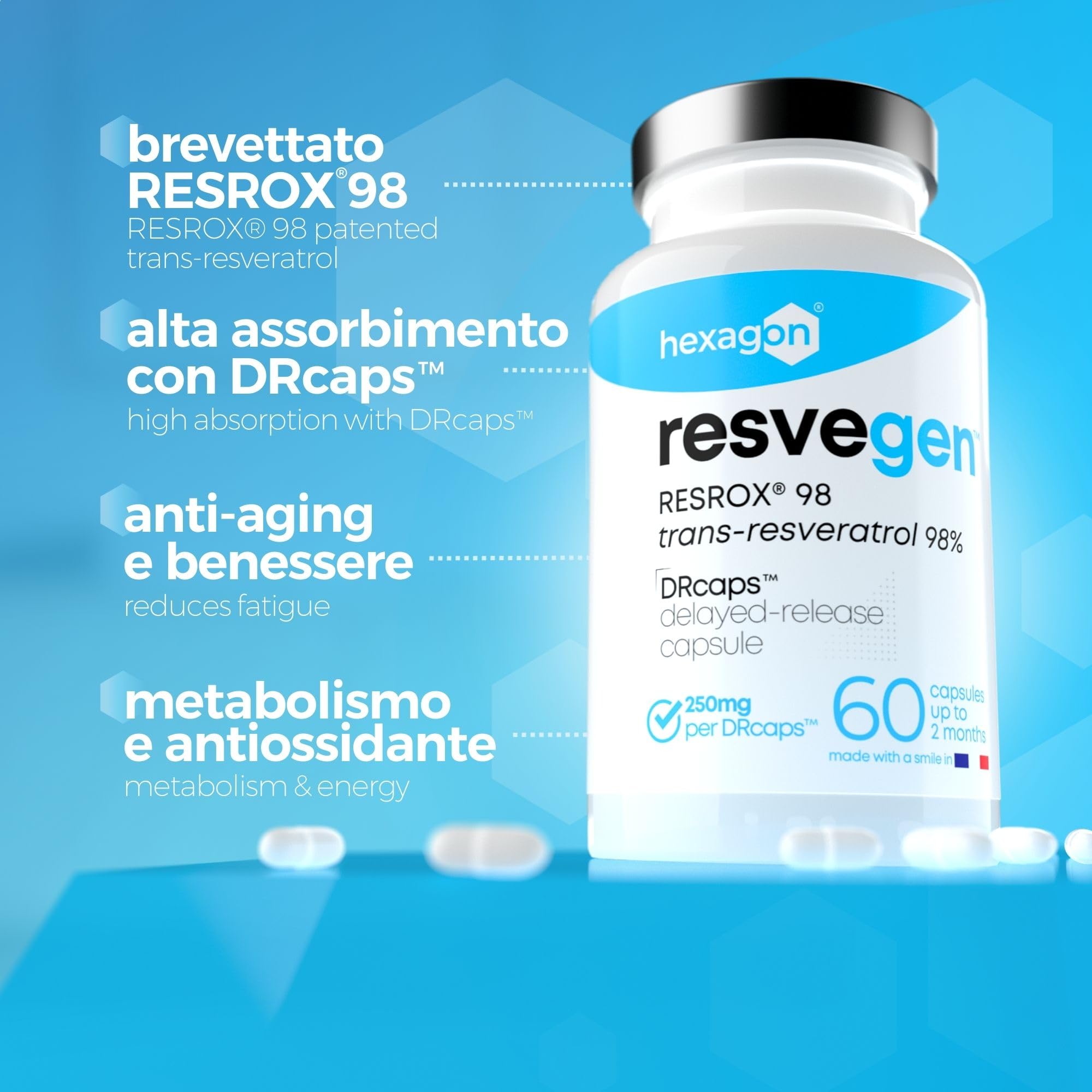 Resveratrolo - Trans-Resveratrolo 98% RESROX® - 60 Capsule DRcaps™ a rilascio ritardato, 250 mg - Alta disponibilità - Potente antiossidante e Anti-Invecchiamento - Made in France - Vegan - Hexagon