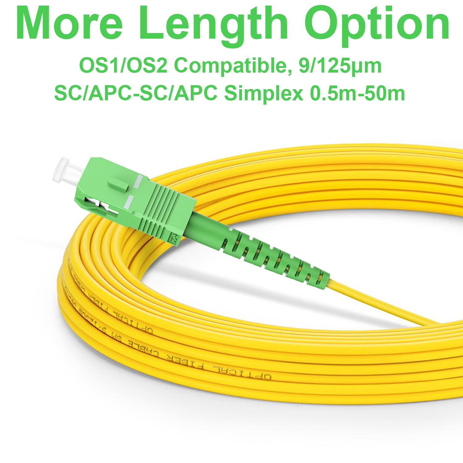 FLYPROFiber- 50m/164ft SC/APC to SC/APC Optic Fiber Cable, OS2 Single Mode Fiber Patch Cable, Simplex, Length Option: 0.5m-50m 9/125um LSZH Yellow OD-2.0mm 50M(164ft)