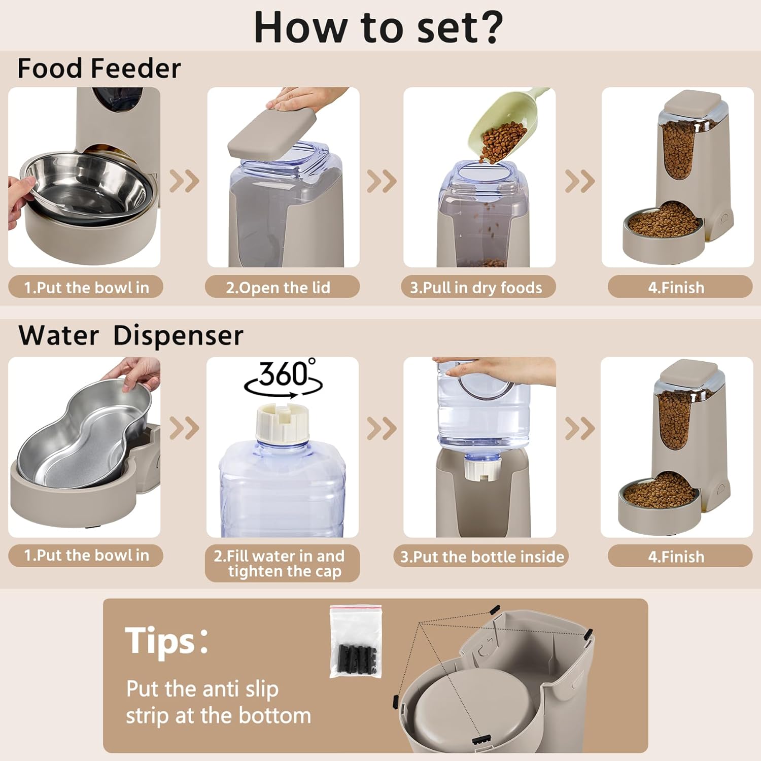 2 Pack Automatic Cat Feeder and Stainless Steel Water Dispenser, Gravity Dog Waterer Set Food Feeder and Waterer Set for Small Medium Kitten Puppy Pets(1 Gallon x 2, Brown)
