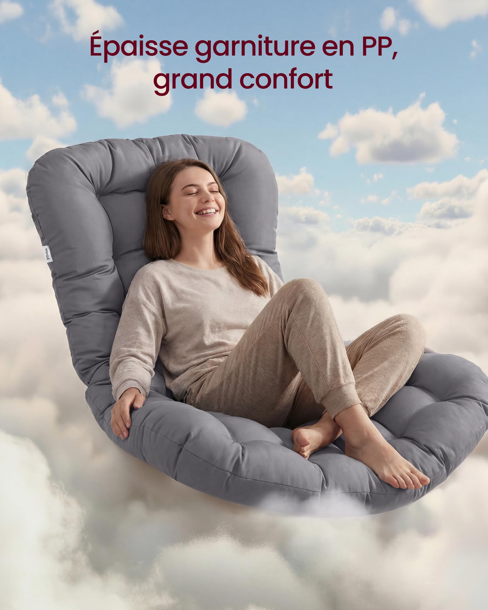 VASAGLE Fauteuil à Bascule, Fauteuil Cocooning, Structure en Acier, Repose‑Pieds Extensible, Coussin Amovible, Supporte Jusqu’à 136 kg, pour Chambre, Salon, Terrasse, Jardin, Gris LYY062GZ01
