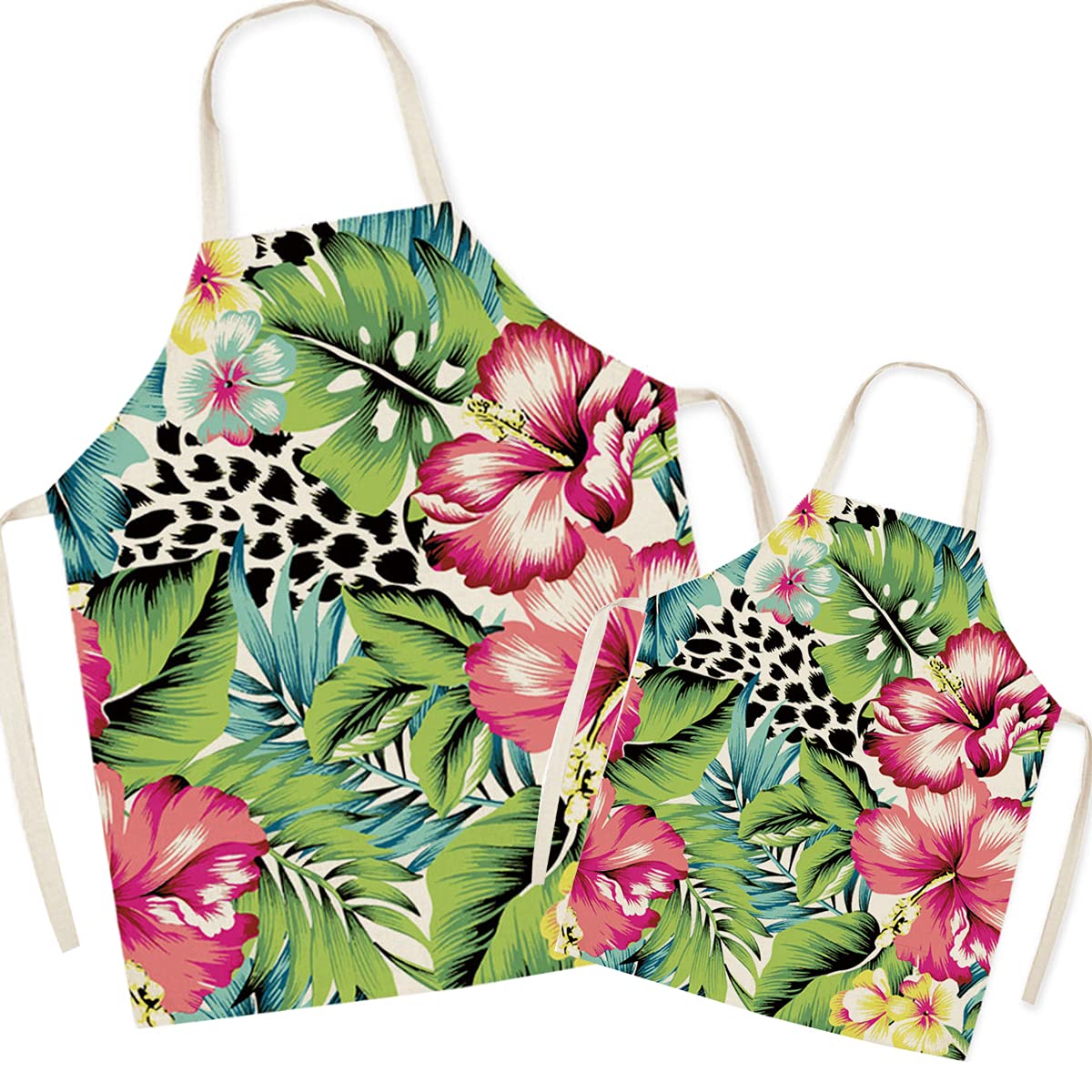 FOMAISELF Linen Parent and Child Cooking Apron - Plant Pattern Mum and Kids Apron, Mummy Son Daughter Aprons for Cooking Baking Painting Party