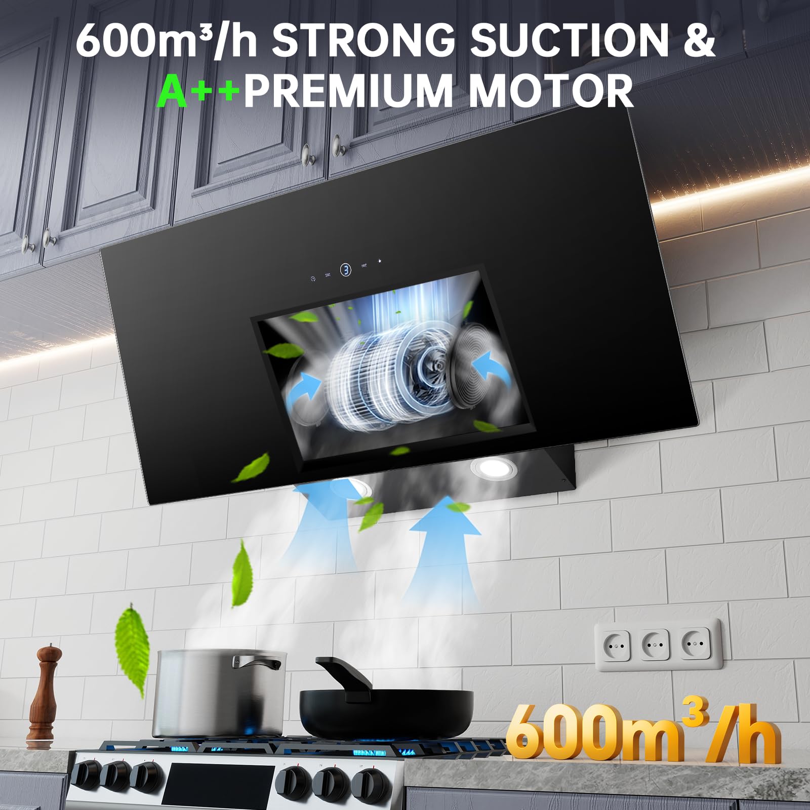 TopStrong Cooker Hood 90cm, 600 m³/h Extractor Fan kitchen, Wall-Mounted Extractor Hood, A++ Energy Efficiency, Touch Control, 58 dB, Recirculating & Ducting System, Black - 3