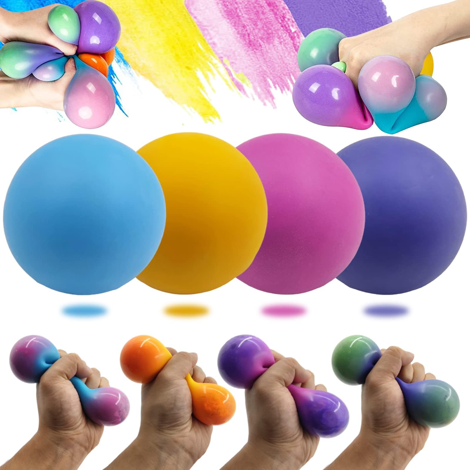 Squishy Stress Balls, EXZ 4 Pack Stress Relief Fidget Balls for Kids/Adults, 2.56 in Stretchy Color Changing Balls Squeeze Toys for Autism to Relax, Anxiety Relief, Decompress, Focus
