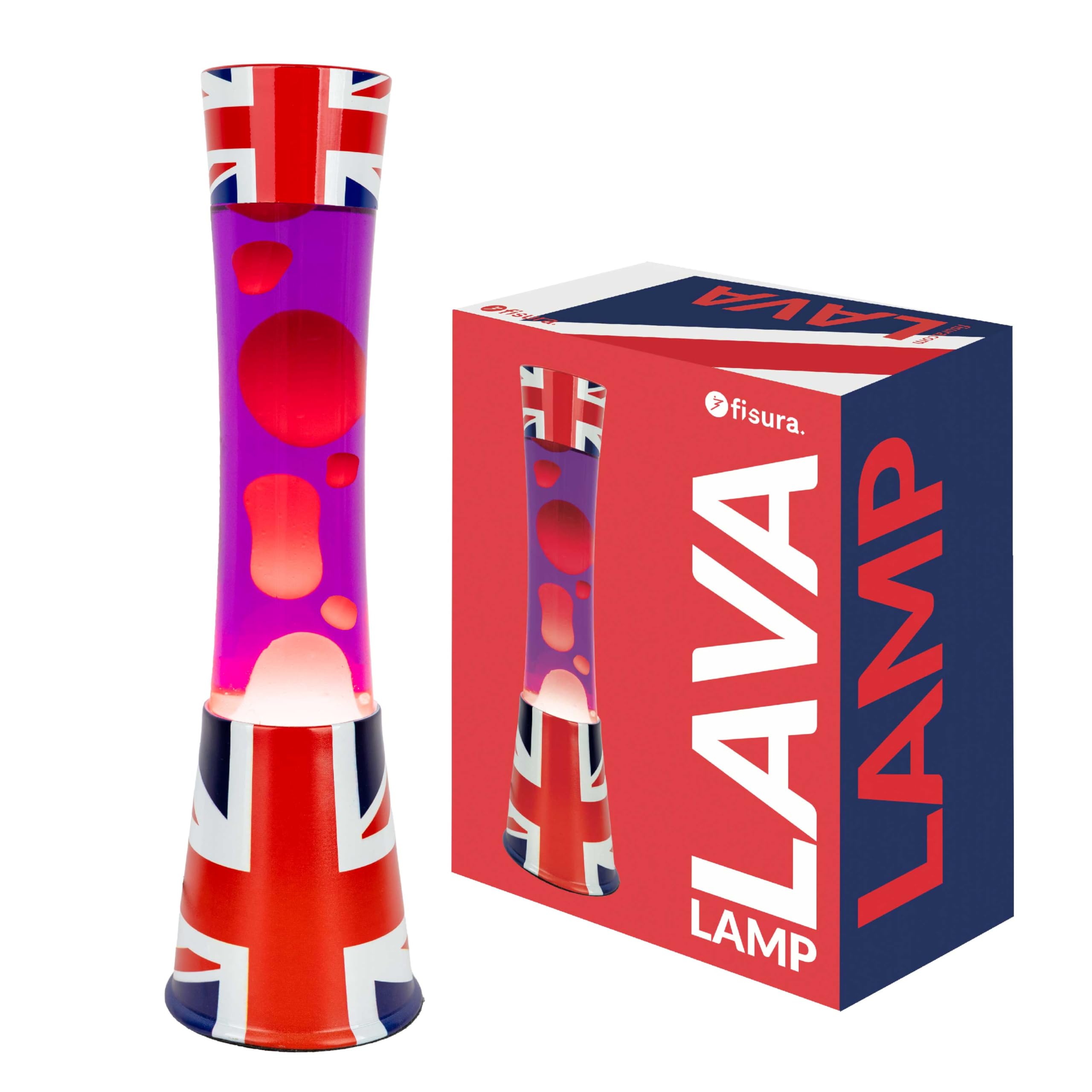Fisura - Lámpara de lava bandera Reino Unido. Base con patrón de bandera, líquido morado y lava roja. Lámpara de efecto relajante. Con bombilla de repuesto. 11 cm x 11 cm x 39,5 cm.