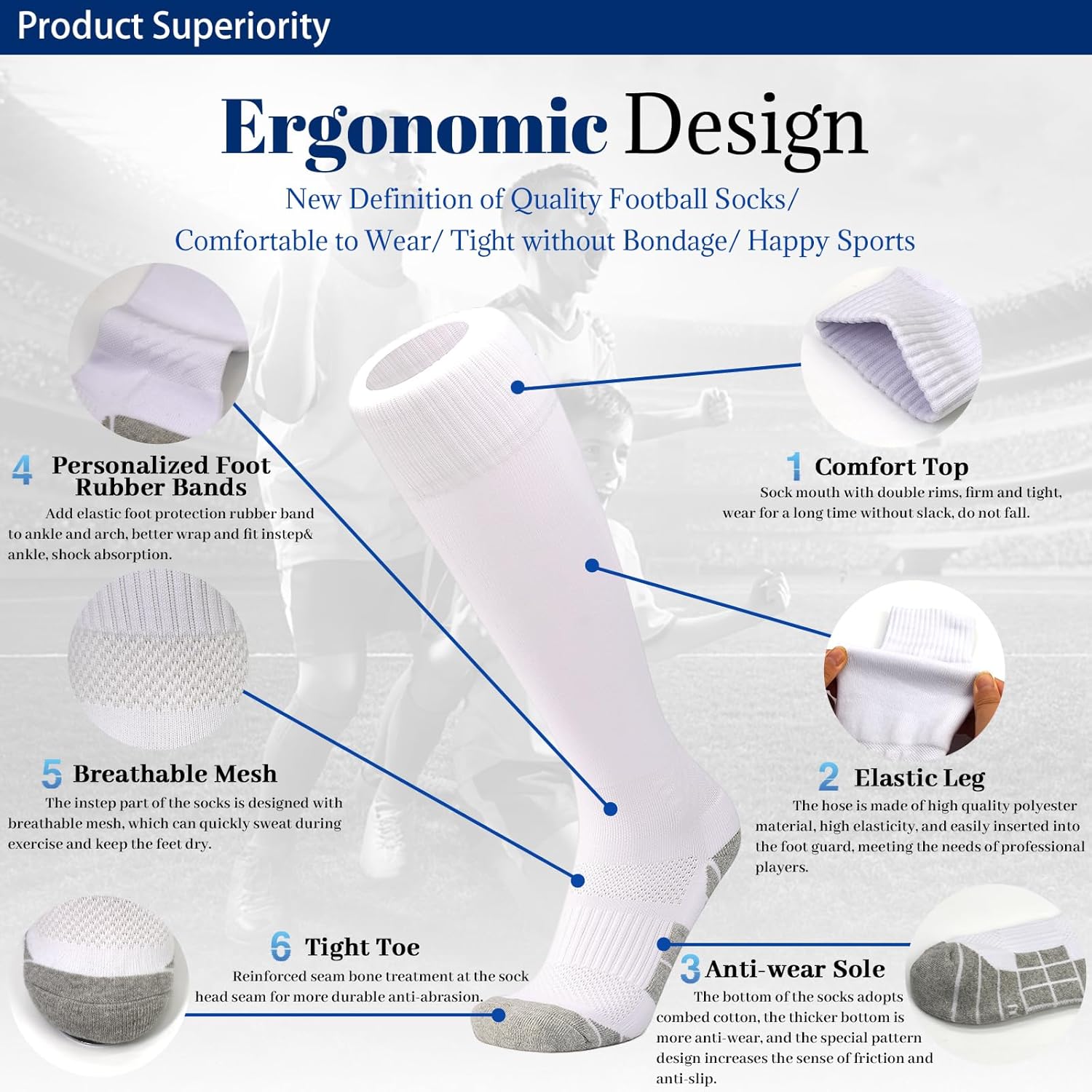 GRPSKCOS Black White Soccer Socks 2 Pairs Team Sports Athletic Football Baseball Long Socks for Youth Boys Kids Men Women - Image 4