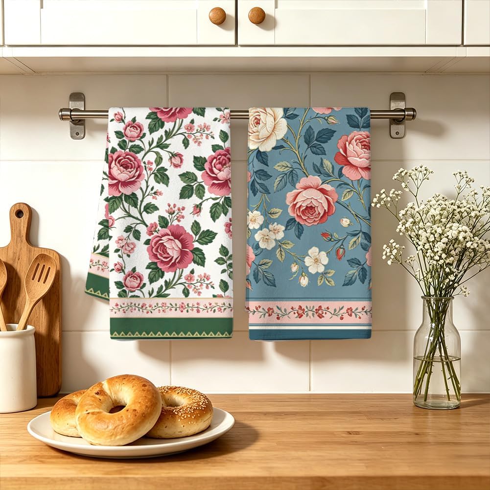 MAYJOYDIY 4 Pcs Vintage Flowers Kitchen Towels 26x17.7 Inch Pink Rose Hand Dish Towels Floral Borders Drying Dish Cloth for Cooking Home Bathroom Kitchen Retro Decor Housewarming Gift image 5