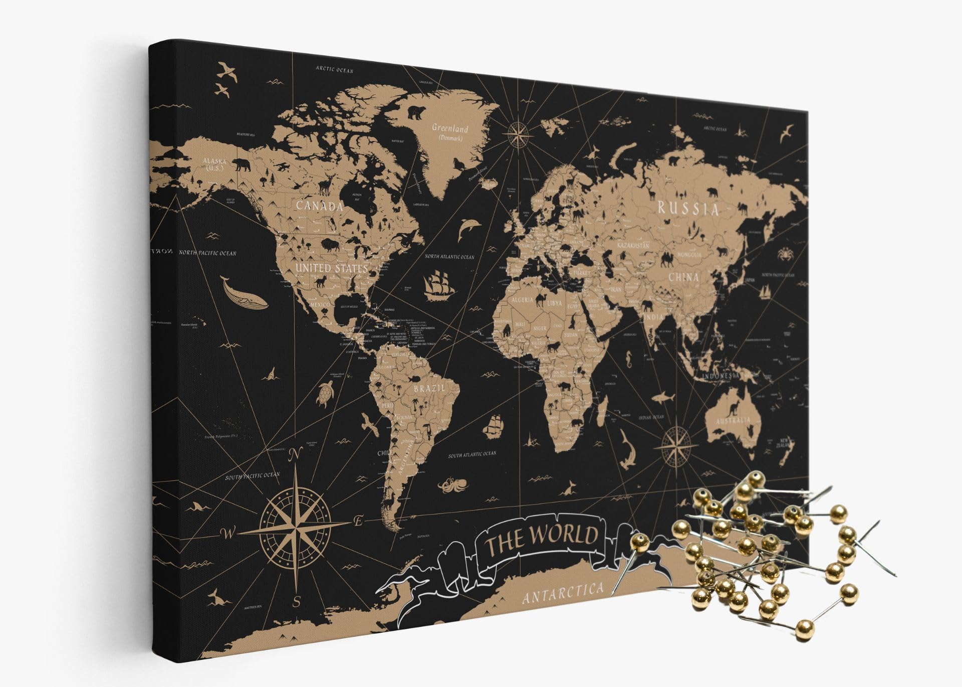Wysokiej jakości mapa świata z płótna 120 x 80 cm – akustyczna tablica do przypinania – napis w języku angielskim