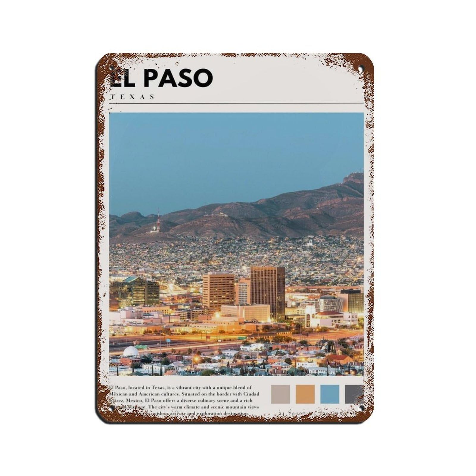 El Paso Texas Artwork El Paso Photo Poster Retro Poster Metal Tin Sign Chic Art Retro Iron Painting Bar People Cave Cafe Family Garage Poster Wall Decoration 12x16inch(30x40cm)