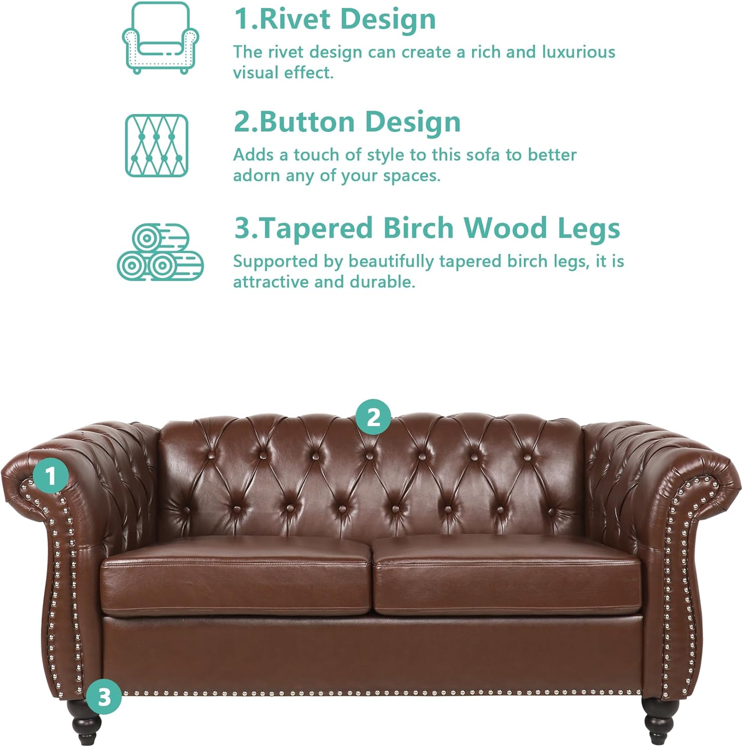 Faux Leather Loveseat, Chesterfield Love Seat Sofa for Living Room, Mid-Century Modern Tufted Couple Couch 2 Seater with Rolled Arms Deep Nailhead Trim for Bedroom, Home Theater (PU, Brown)