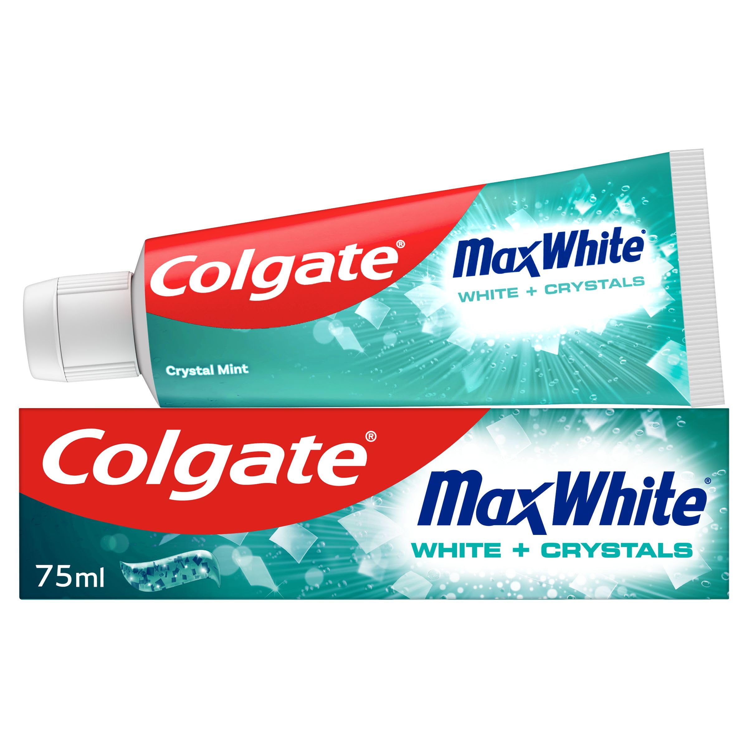 Colgate Max White White + Crystals Toothpaste 75ml - Teeth whitening Toothpaste - restores Natural Whiteness - 10x Longer Lasting Cooling Than Regular Fluoride Toothpaste - Fights Cavities
