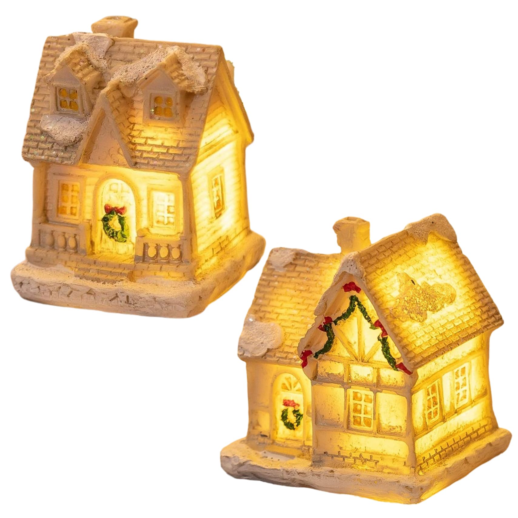 Hperu 2Pcs Light Up Resin Christmas Village Houses, Farmhouse xmas Town Scene Desktop Holiday Home Decor- Christmas Village Houses Set