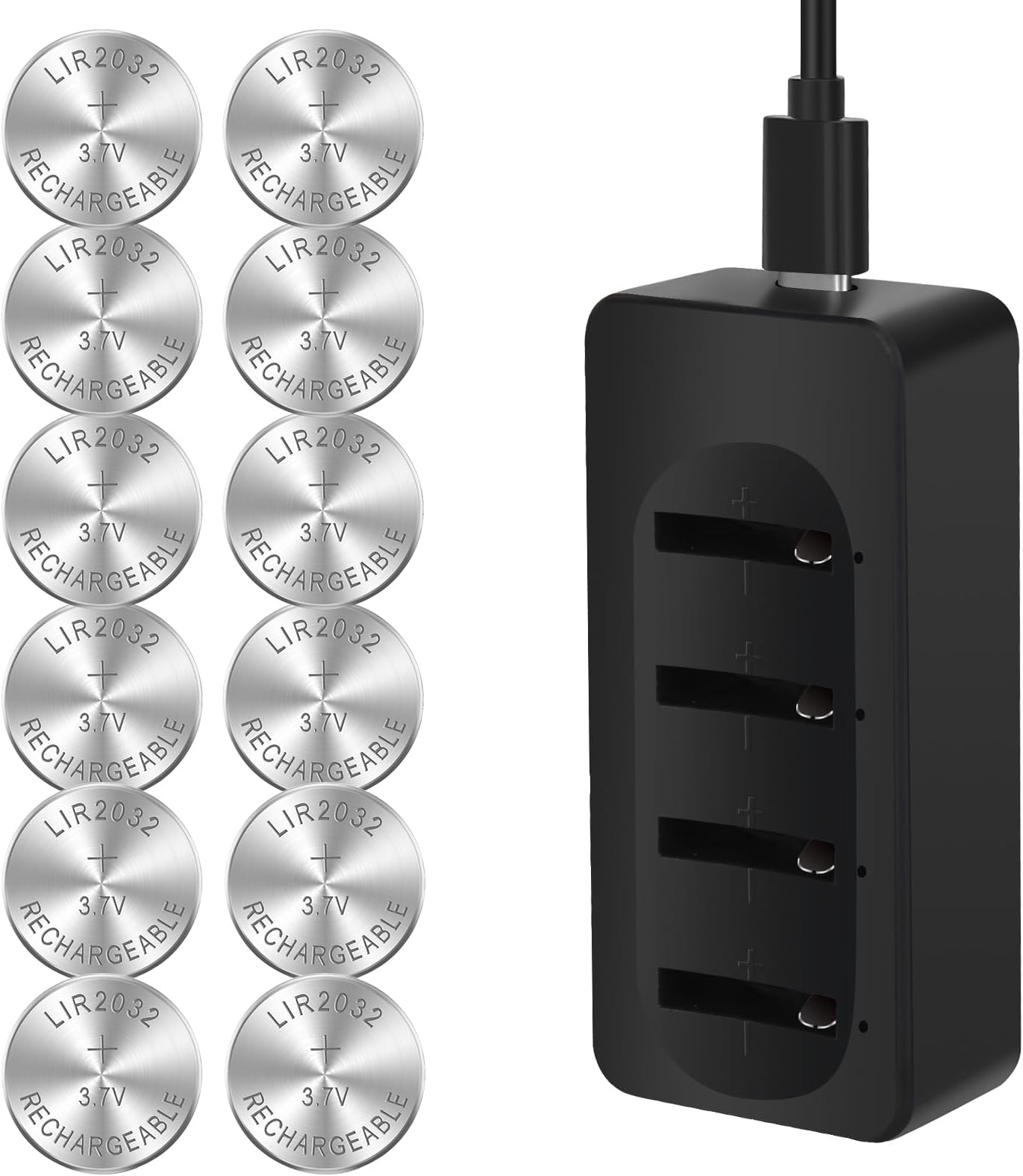12 Pack Rechargeable 2032 Battery with Charger, 3.7v LIR2032 Button Battery Can Replace ML2032,CR2032 3v Lithium Batteries for Airtag, Car Remote Key